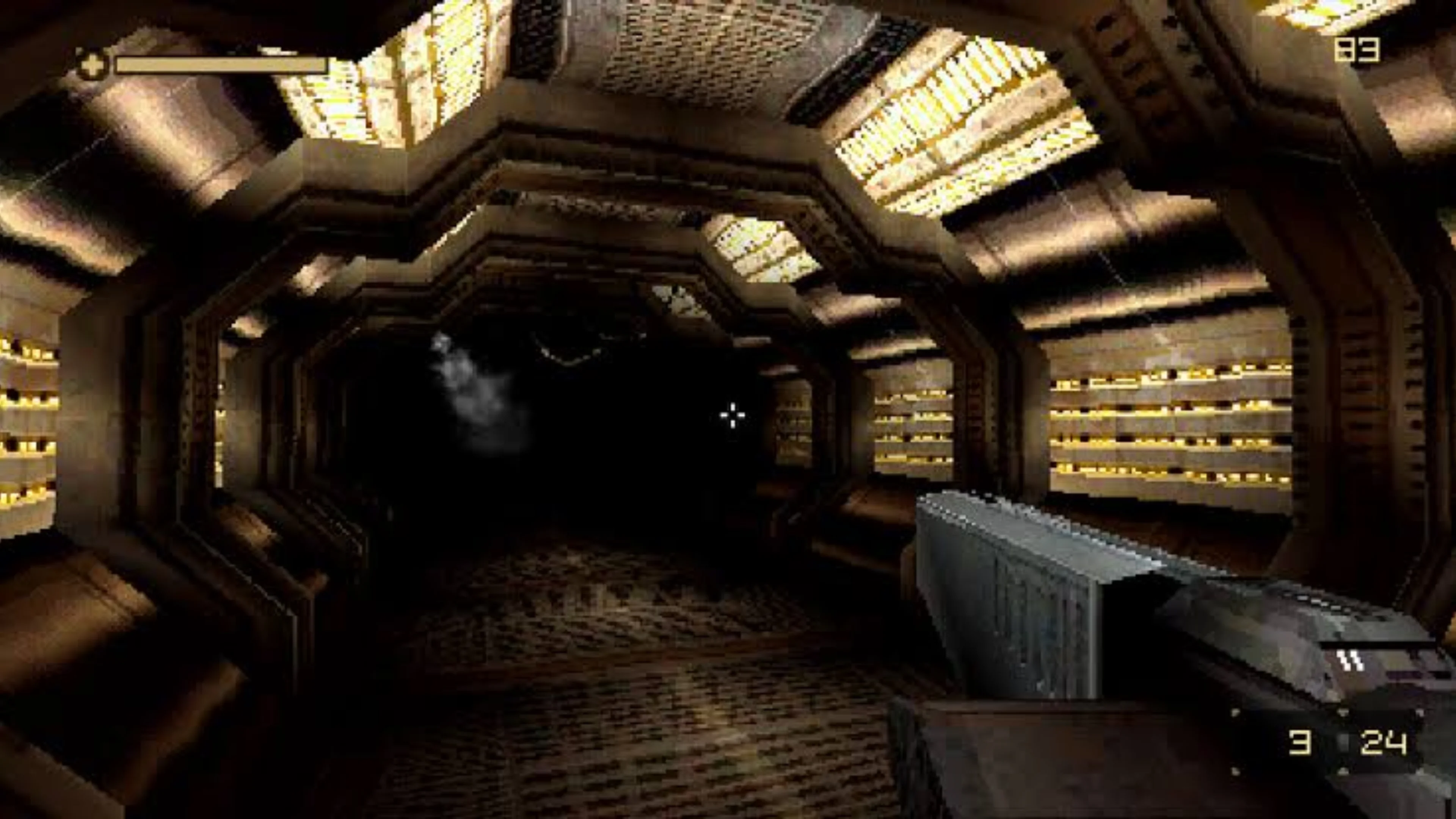 DERELIKT first-person gameplay shows a weapon aimed down a dimly lit metallic corridor inside Von Neumann Outpost.