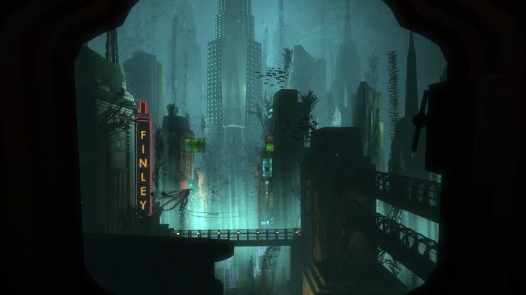 The underwater city of Rapture and its Art Deco skyscrapers seen through a dark tunnel in BioShock.