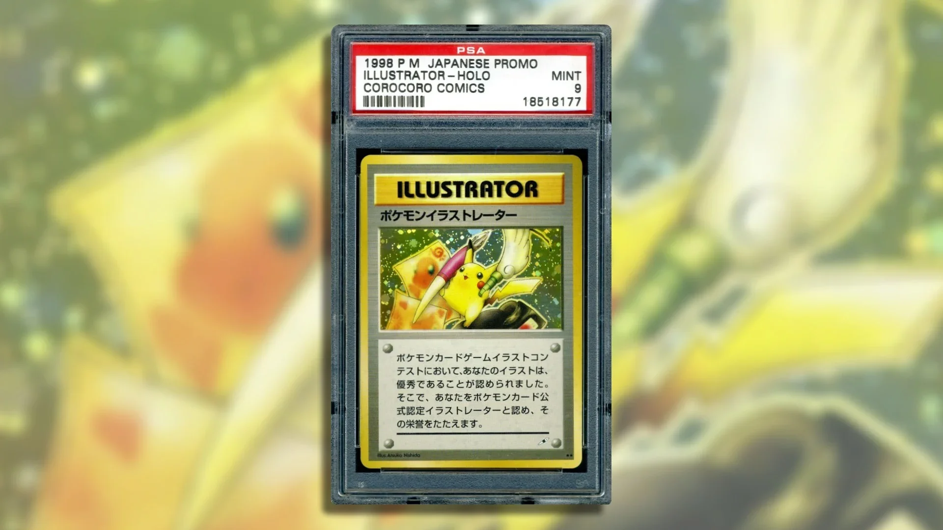 A PSA-graded Japanese Pikachu Illustrator card appears against a blurred Pikachu artwork background.