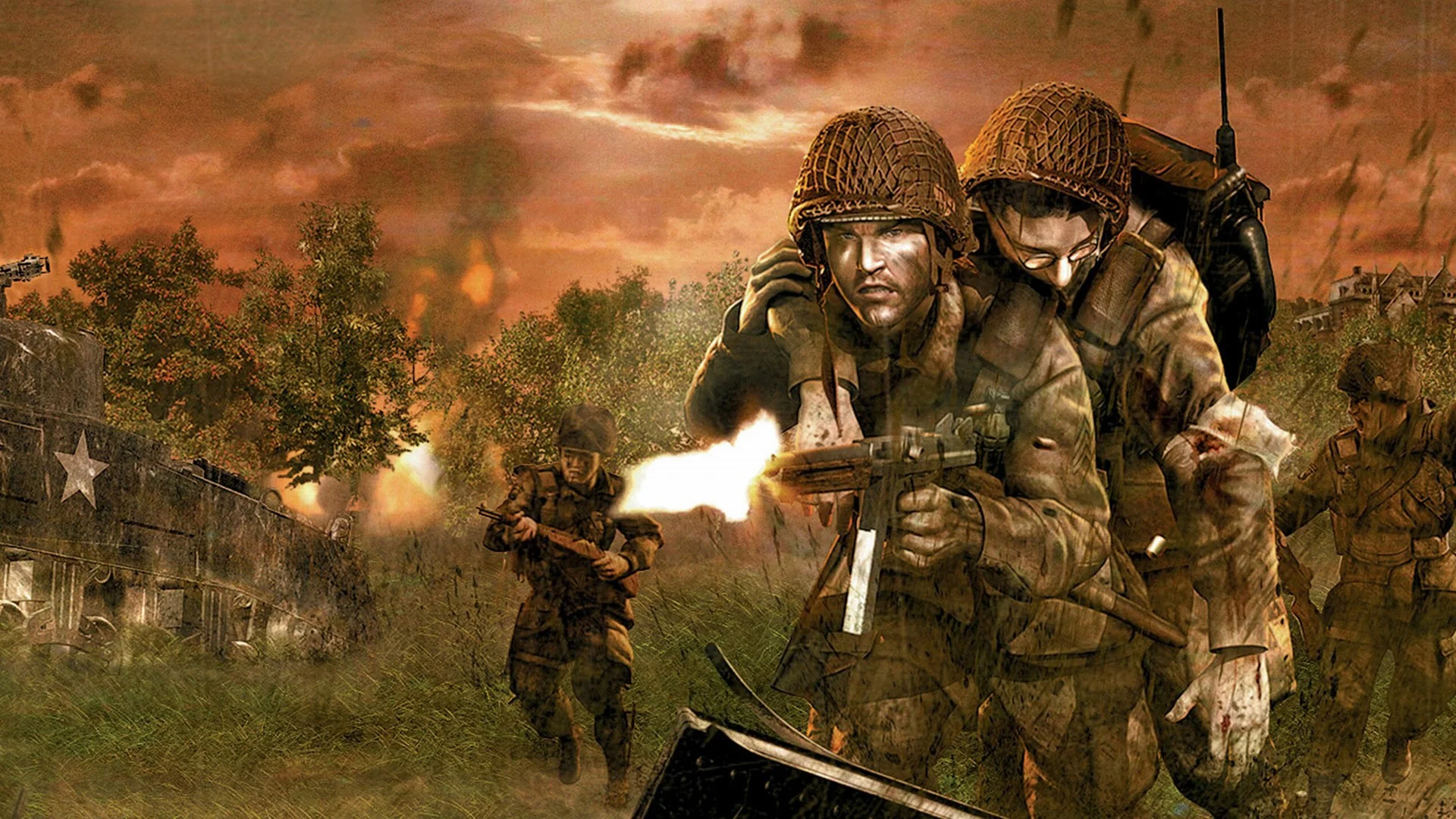 Brothers in Arms soldiers advance through a battlefield as one carries a wounded squadmate under enemy fire.