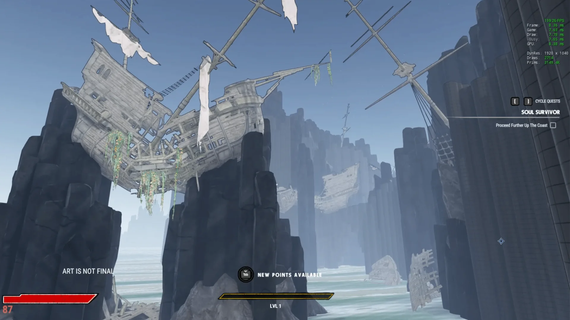 Reported Wonderlands sequel development footage shows shipwrecks suspended among tall coastal rock formations.