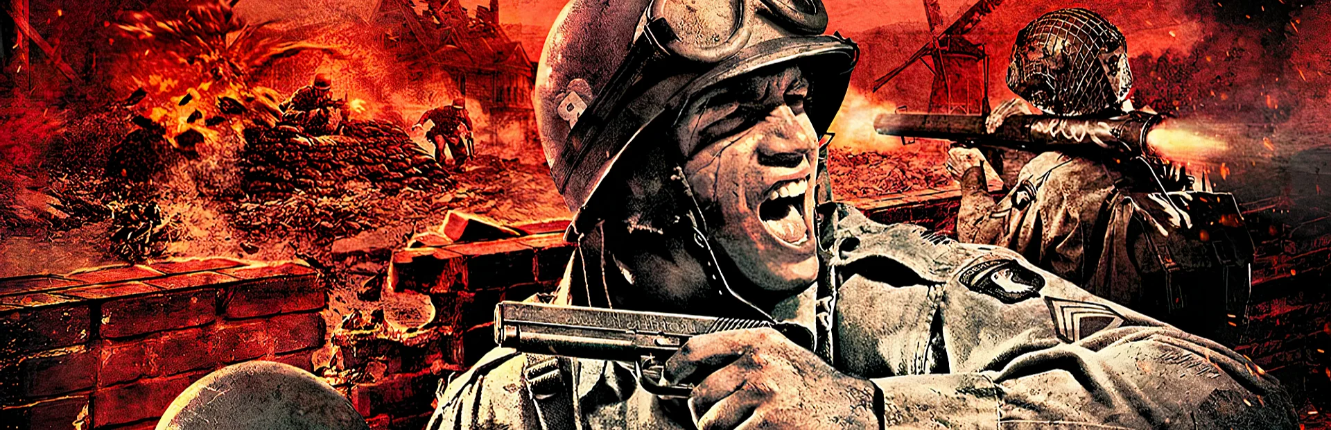 Brothers in Arms soldiers fight through a burning World War II battlefield in red-toned promotional artwork.