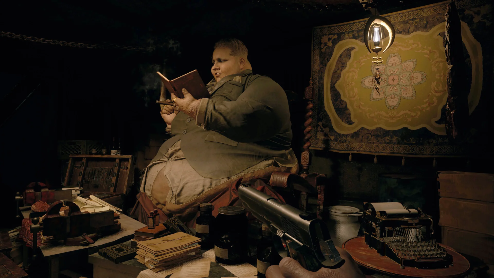The Merchant reads from a book while holding a cigar inside his shop in Resident Evil 4 Remake.