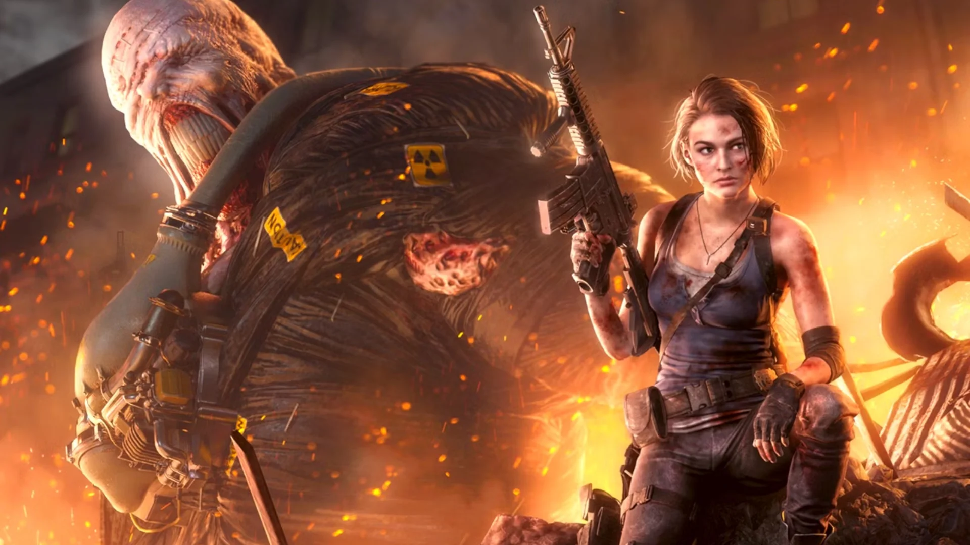 Jill Valentine holds an assault rifle beside Nemesis in fiery Resident Evil 3 promotional artwork.