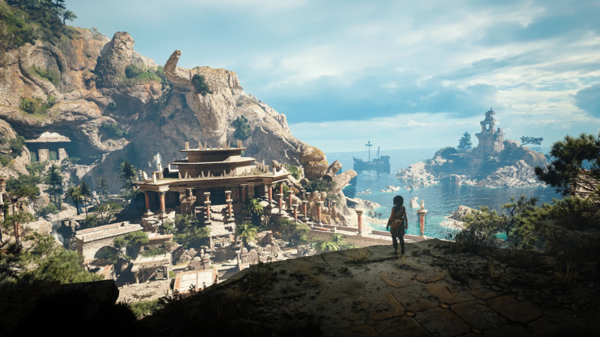 Sophia overlooks coastal ruins and turquoise water on Minotaur Island in Resonance: A Plague Tale Legacy