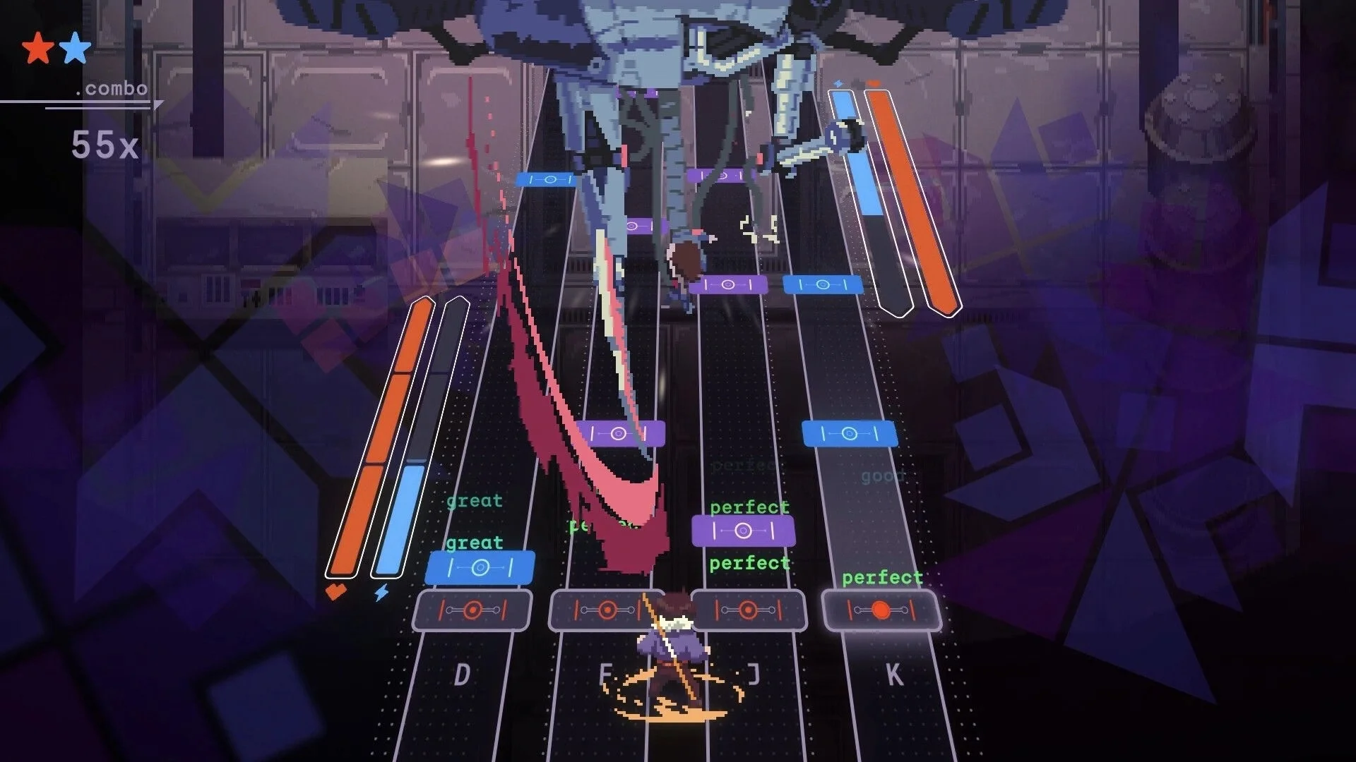 Nocturne rhythm battle with note lanes and timed attack prompts.