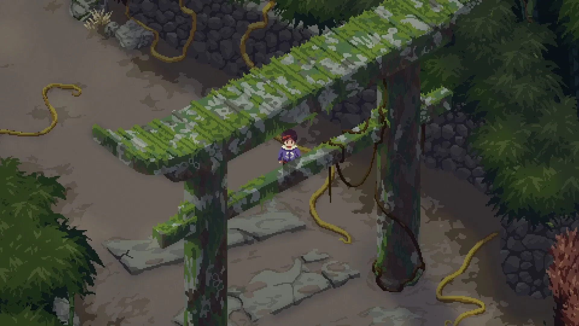 A character explores overgrown ruins in the pixel-art RPG Nocturne.