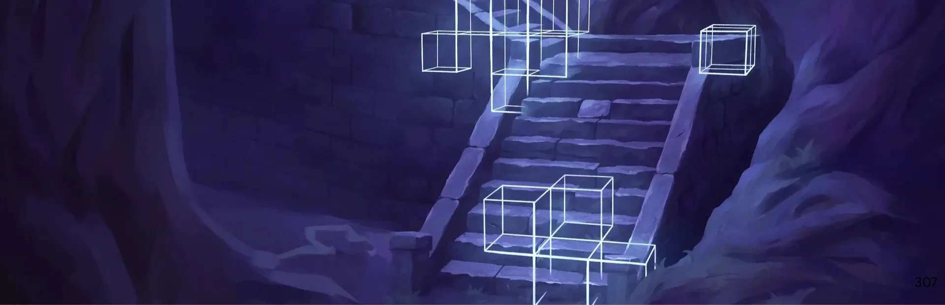 Nocturne artwork showing glowing geometric shapes inside ancient ruins.