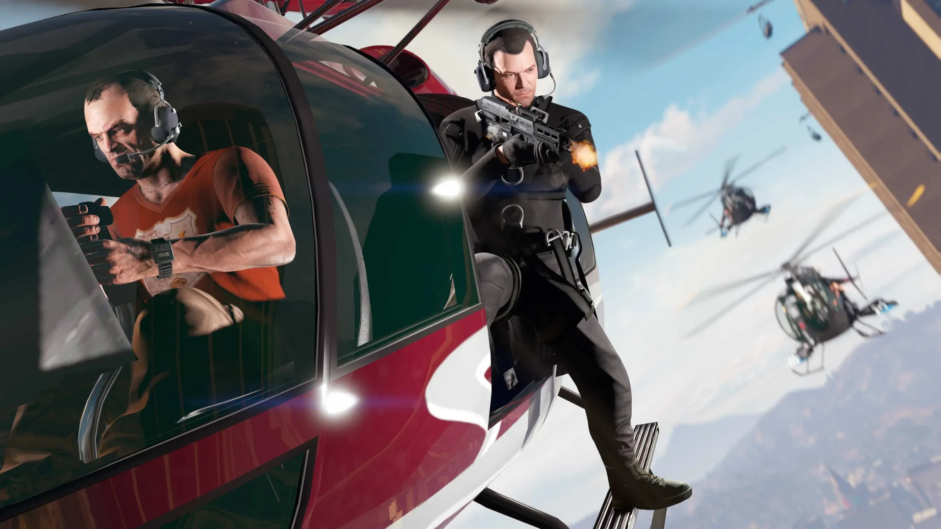 Michael fires from a helicopter while Trevor pilots as several helicopters follow behind in Grand Theft Auto V.