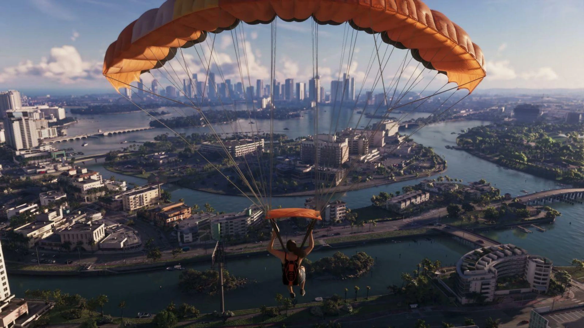 GTA 6 character parachutes above waterways and buildings across Leonida
