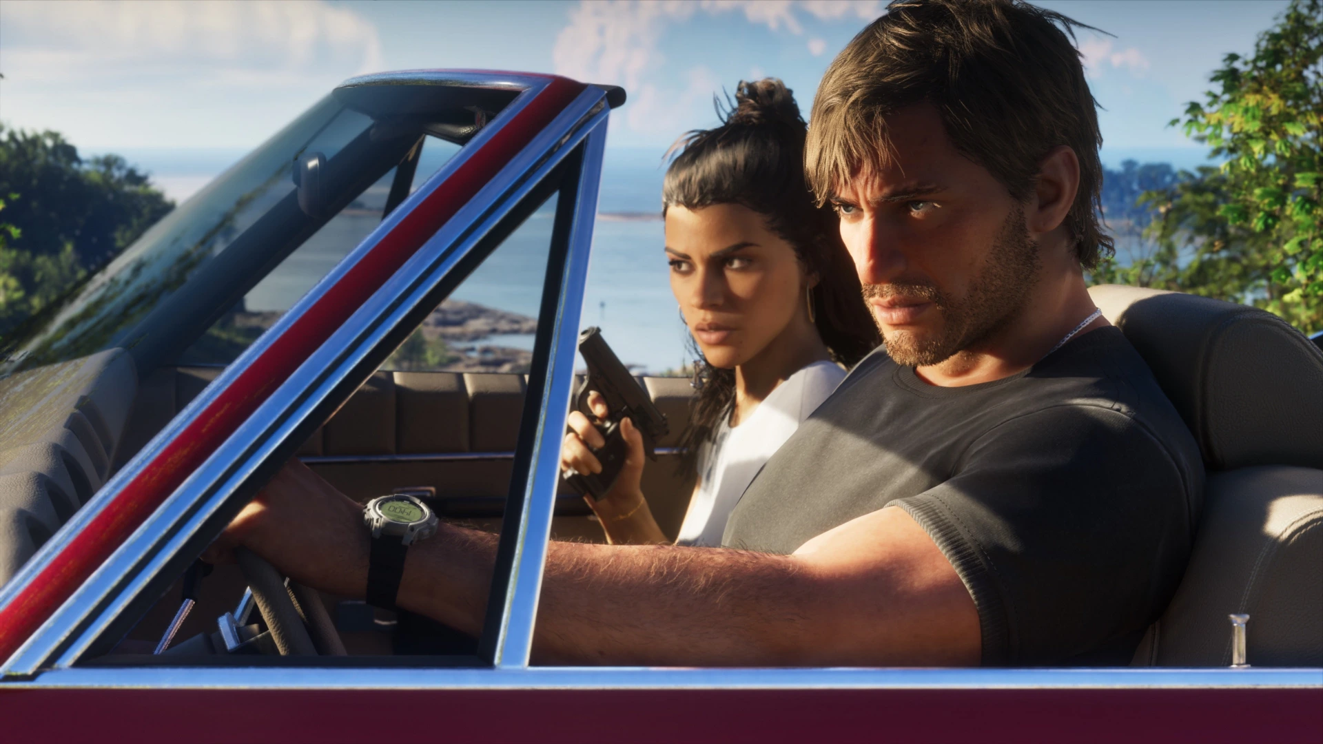 Jason drives a convertible while Lucia holds a handgun in GTA 6
