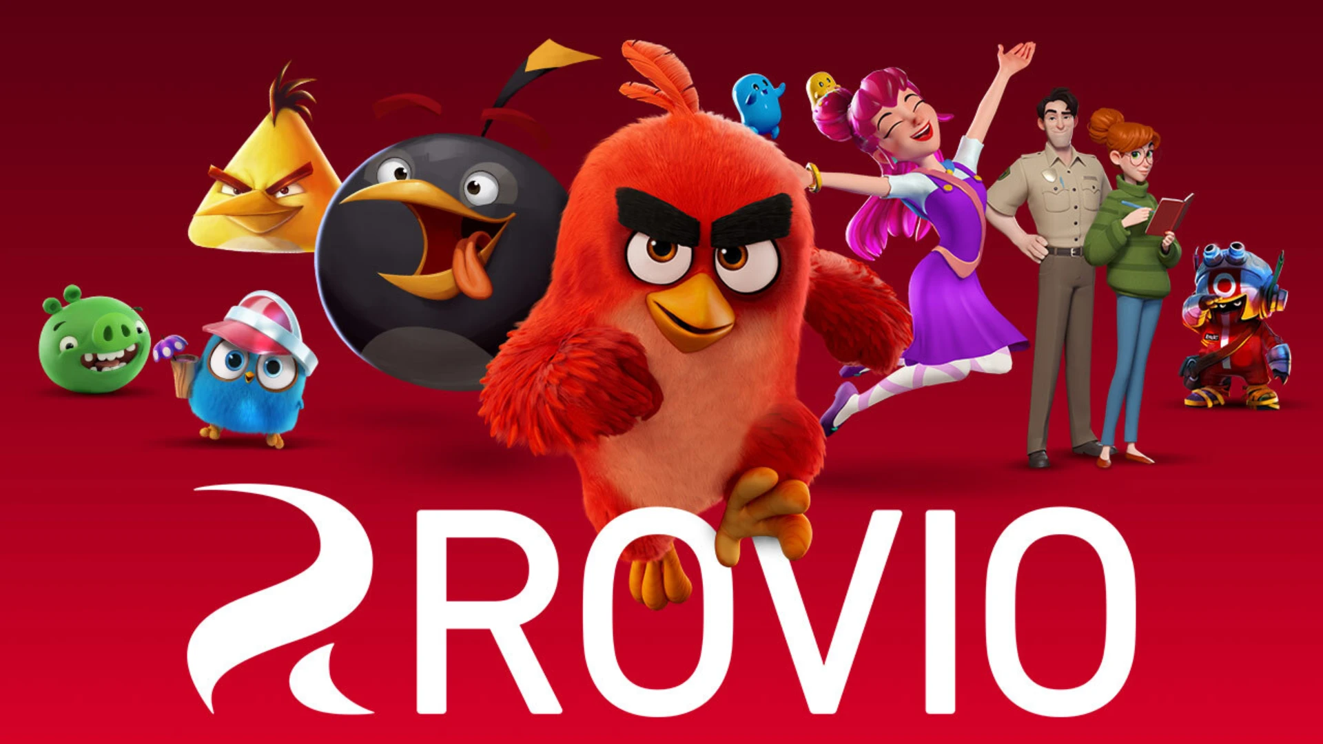 Rovio Entertainment character lineup, including Angry Birds characters, above the Rovio logo on a red background.
