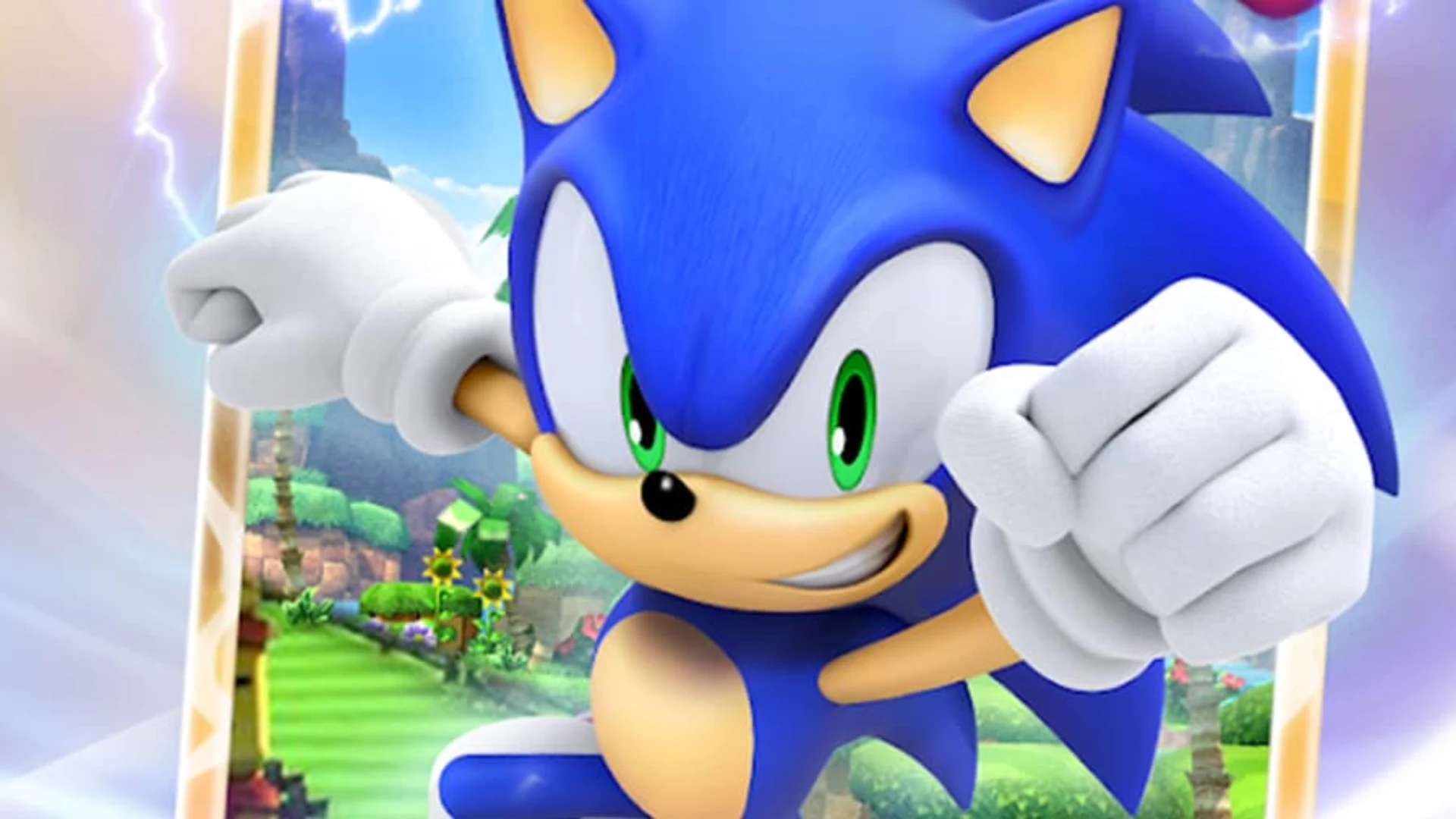 Sonic the Hedgehog reaches forward in bright Sonic Blitz promotional artwork with a colorful landscape behind him.
