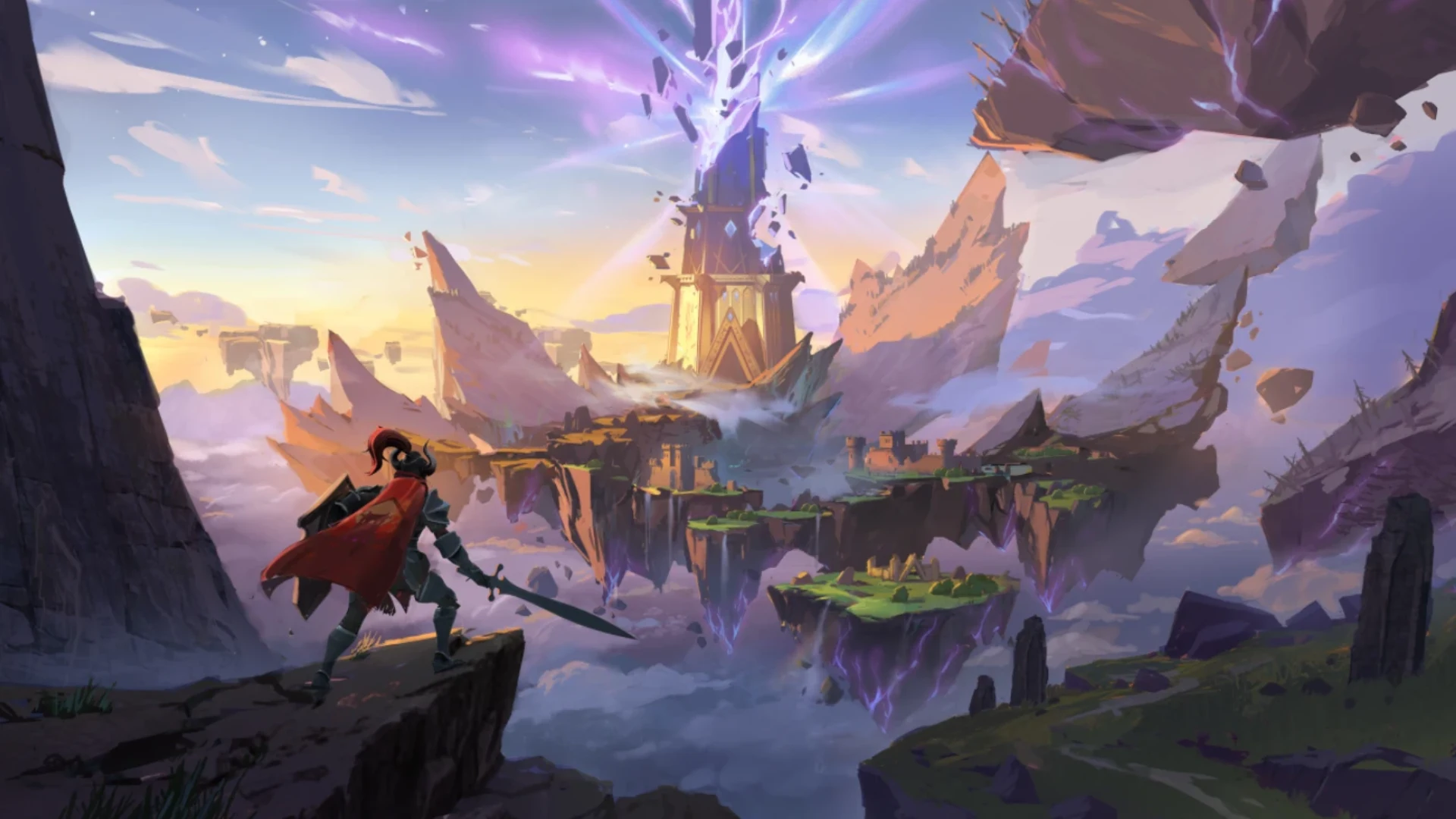 RuneScape: Dragonwilds warrior overlooks floating islands and a glowing magical tower