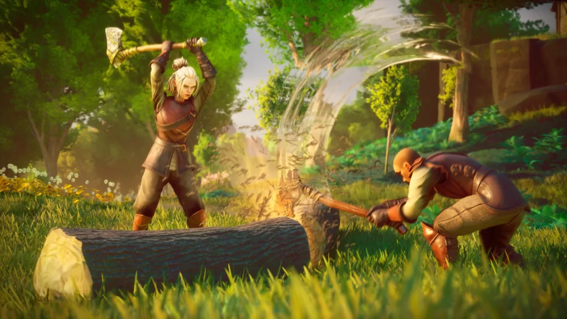 Two RuneScape: Dragonwilds adventurers chopping a fallen tree in a sunlit forest