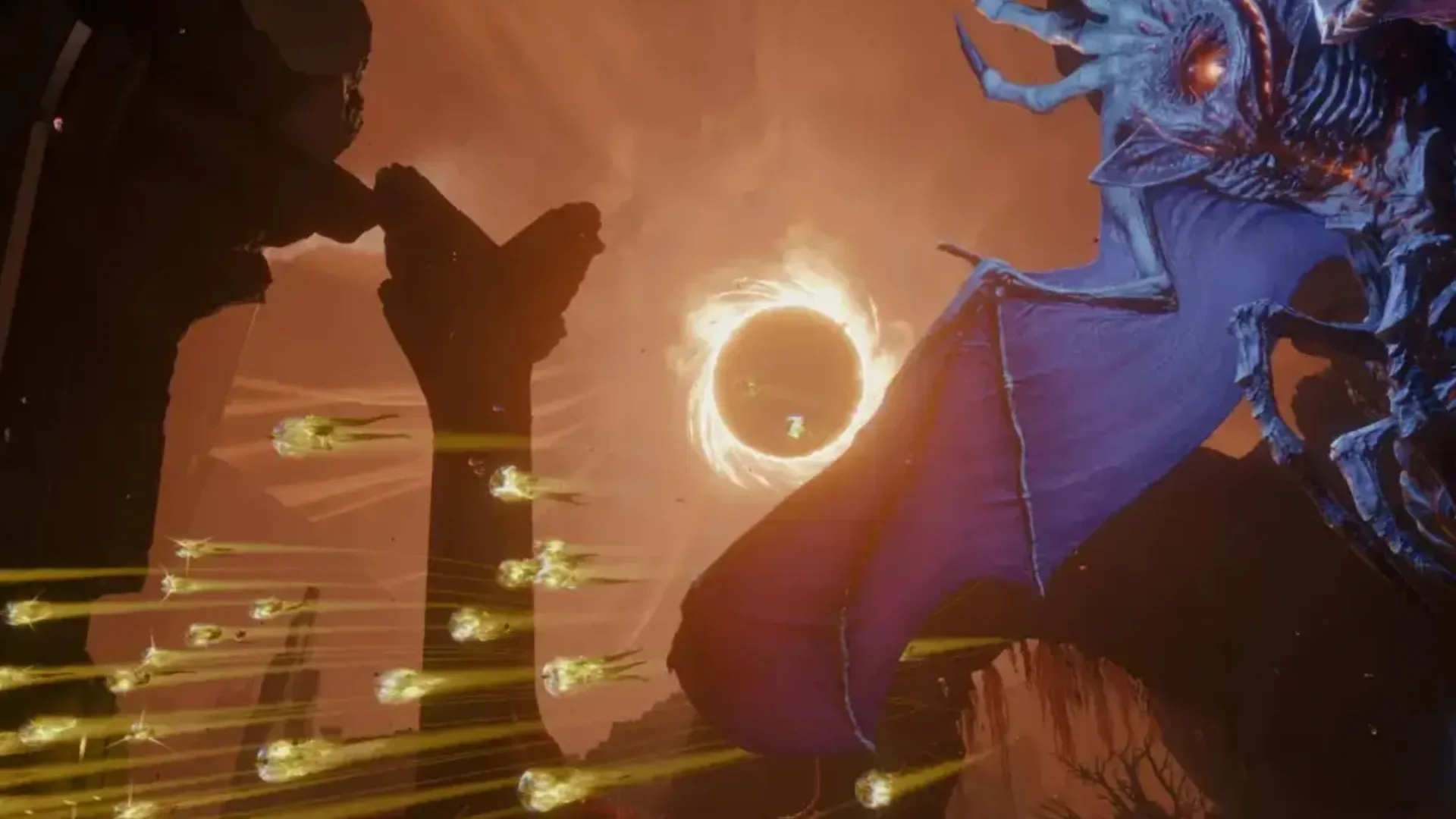 A giant winged Overlord towers over the arena as glowing projectiles streak across a fiery Saros boss battle.
