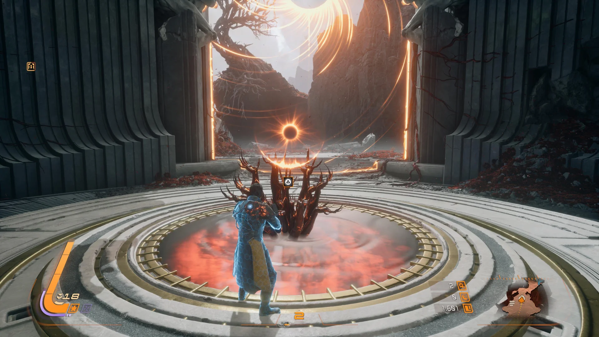 Arjun stands before a dark growth and glowing eclipse inside a ruined environment in Saros.