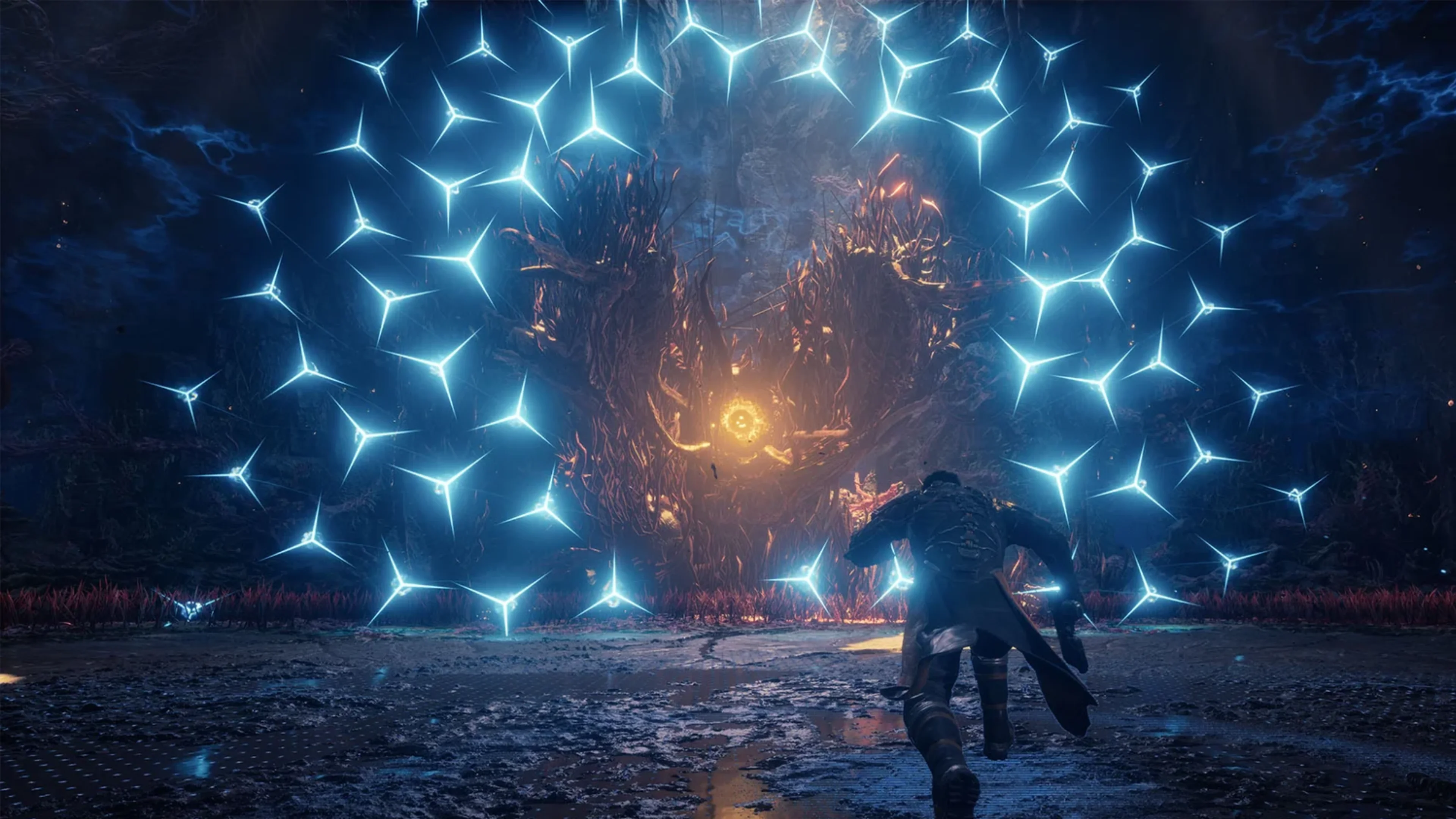 Saros gameplay showing Arjun Devraj approaching a massive alien boss surrounded by glowing blue projectiles.