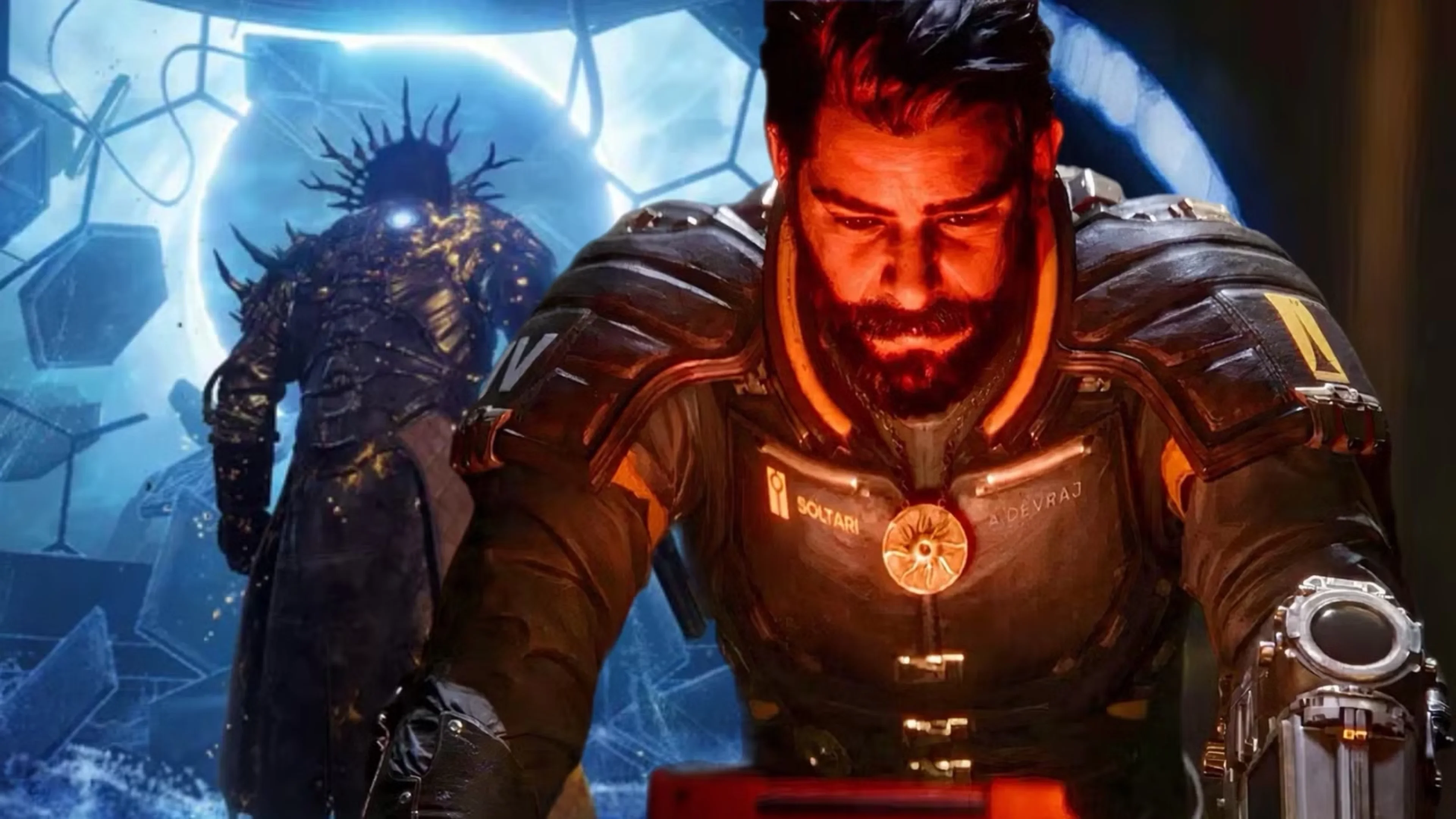 Arjun Devraj in futuristic armor faces a shadowy figure inside a blue-lit environment in Saros.
