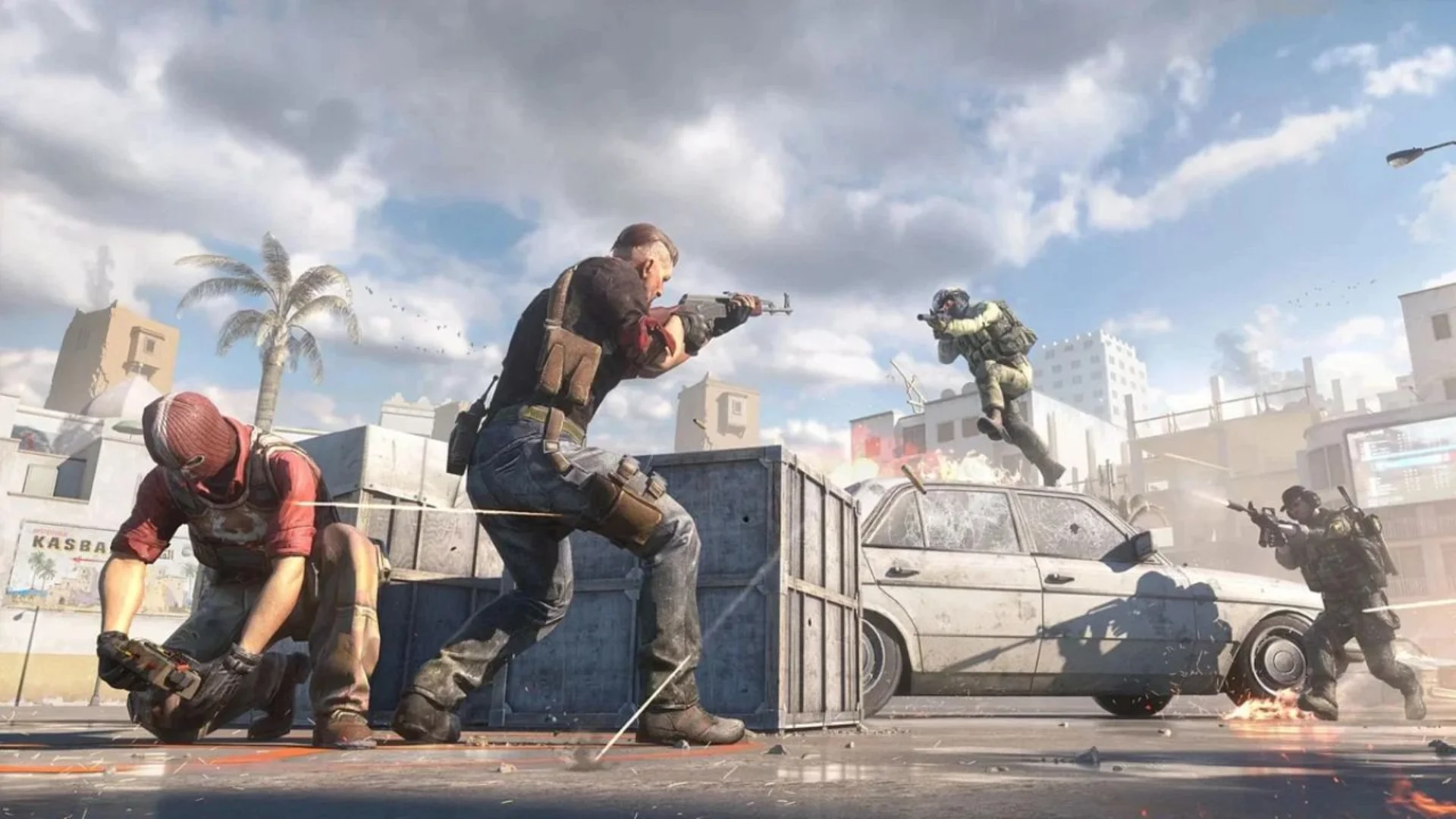 A Counter-Strike 2 operator in green tactical gear holds a pistol while standing among overgrown stone ruins.