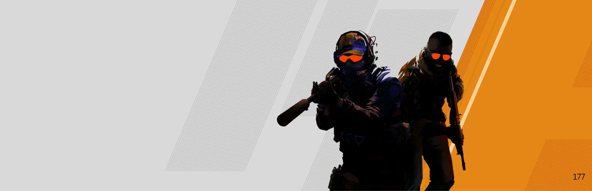Two armed Counter-Strike 2 operators with orange-tinted goggles stand against a white and orange graphic background.