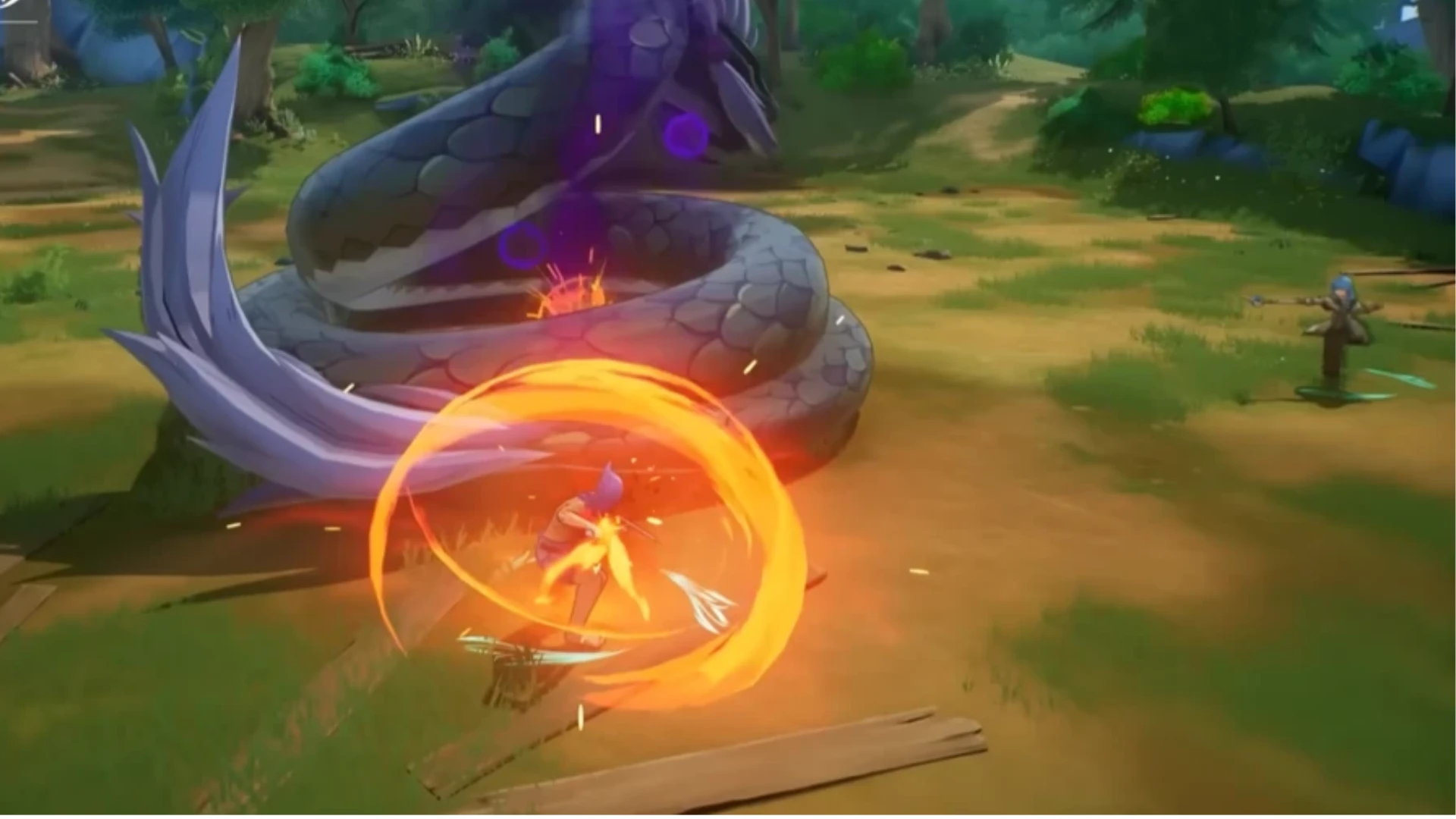 A character attacks a giant coiled serpent while another fights from range in Shangri-La Frontier: The Seven Colossi.