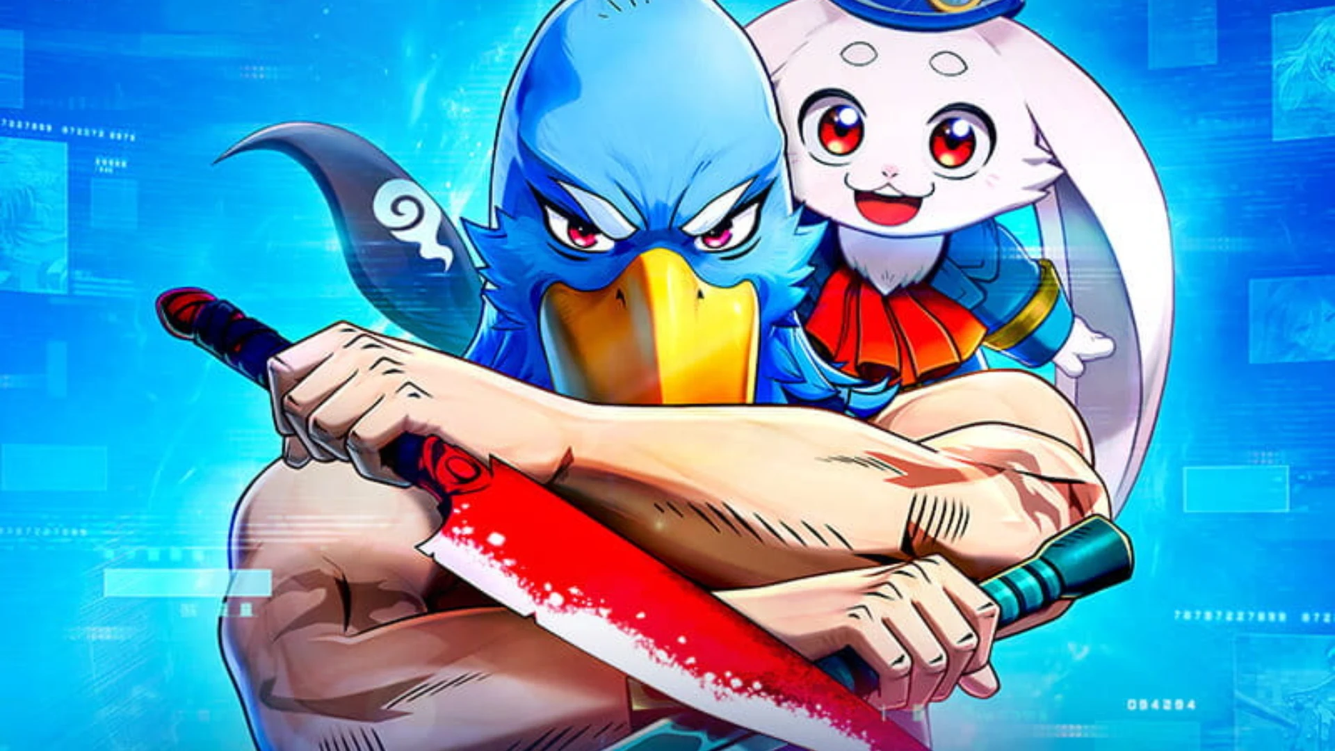 Sunraku holds a red blade with Emul behind him in promotional art for Shangri-La Frontier: The Seven Colossi.