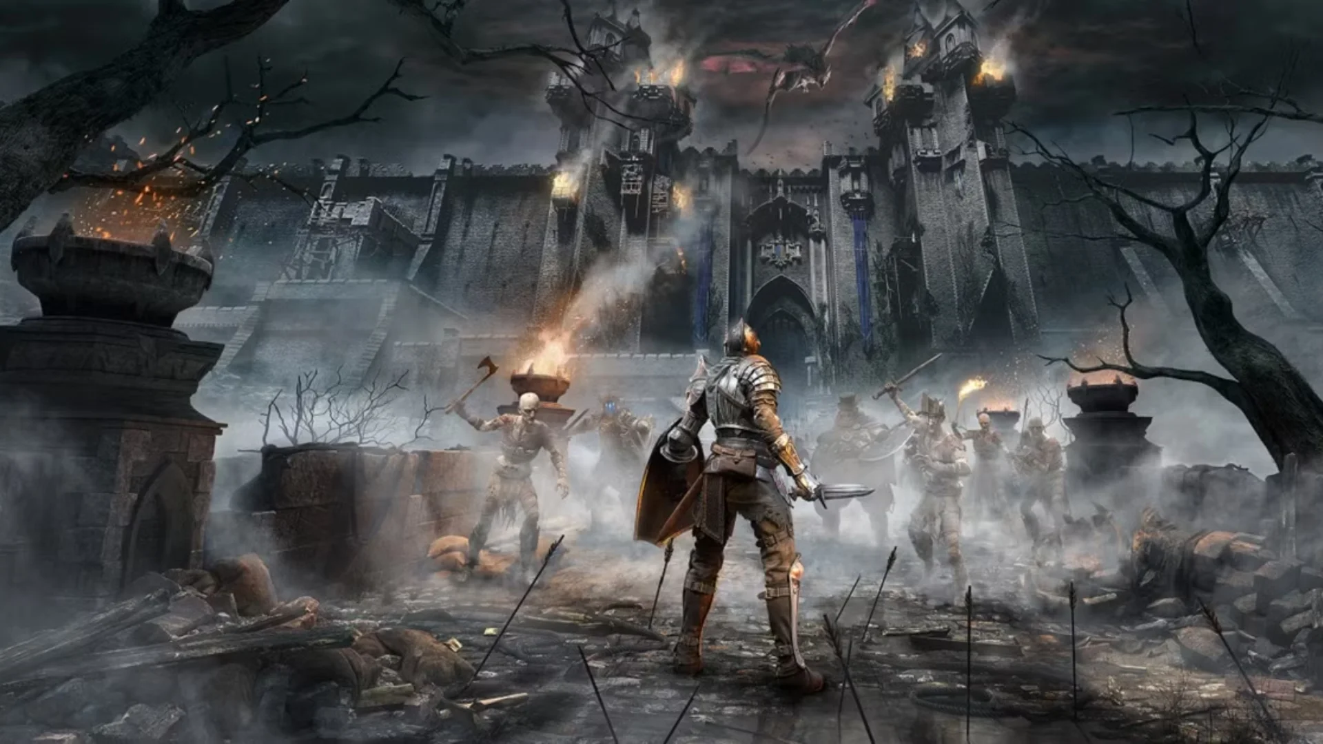 Armored knight faces enemies outside a burning fortress under a dark stormy sky in Demon's Souls.