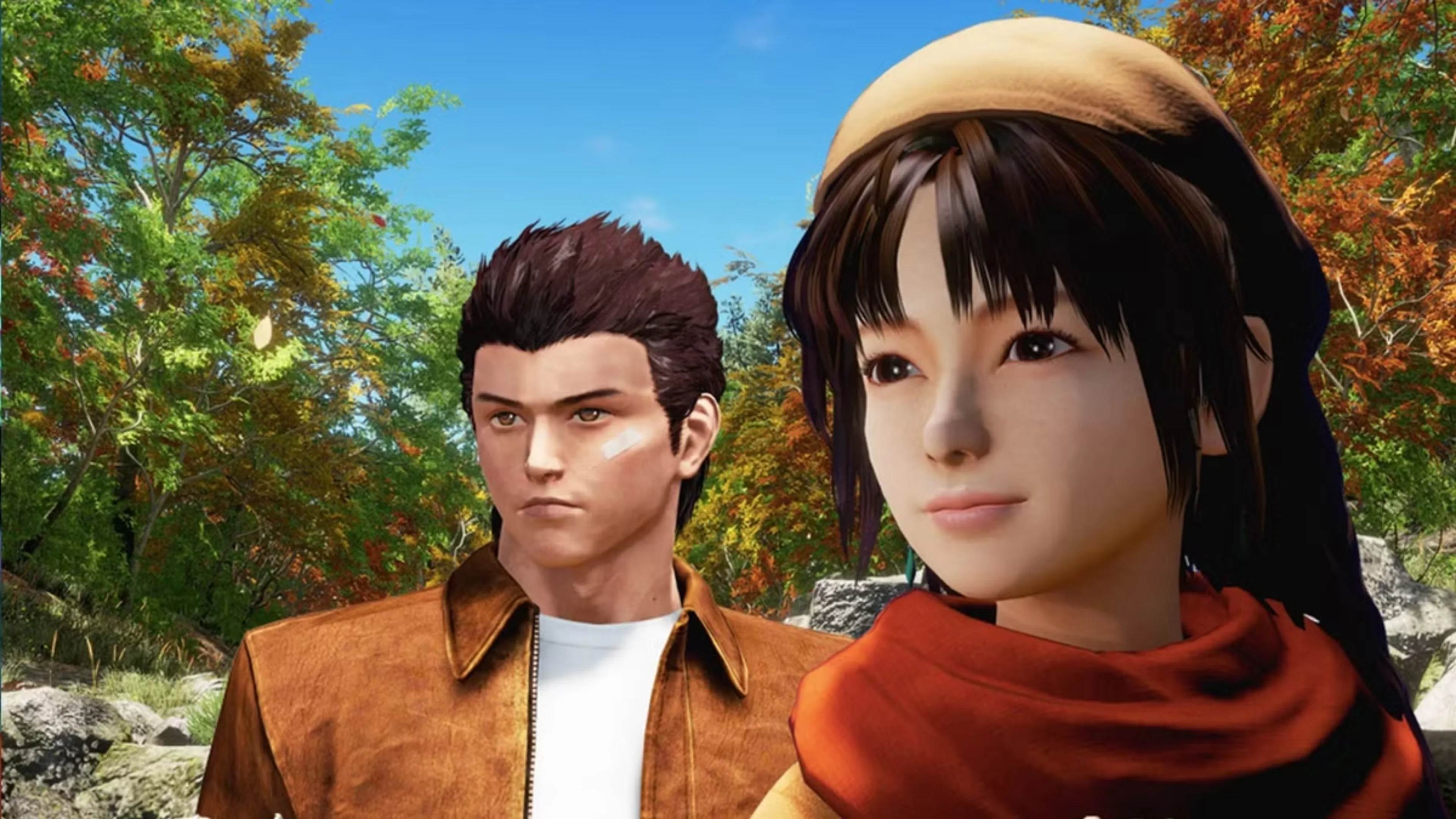 Shenhua wears a beige hat and red scarf beside Ryo Hazuki in a brown jacket, surrounded by trees in Shenmue III.