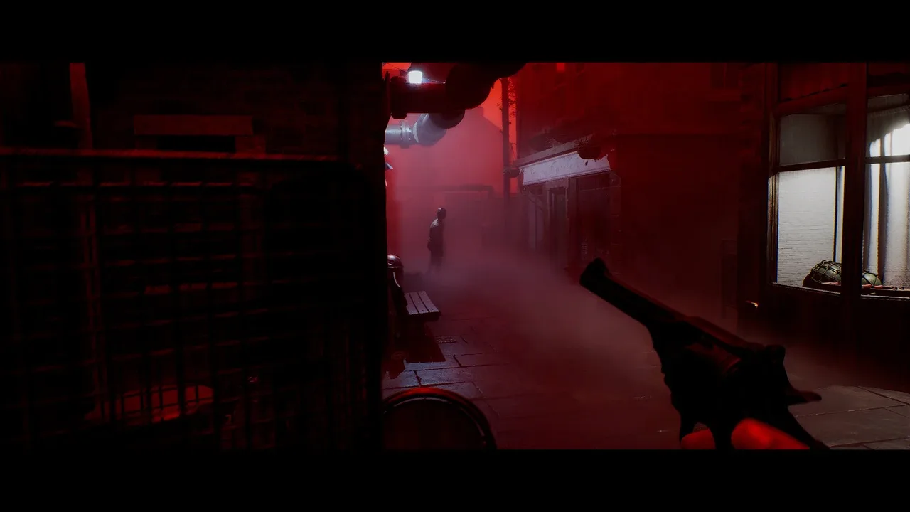 The player aims a handgun down a foggy alley bathed in red light in Silent Hill: Townfall.