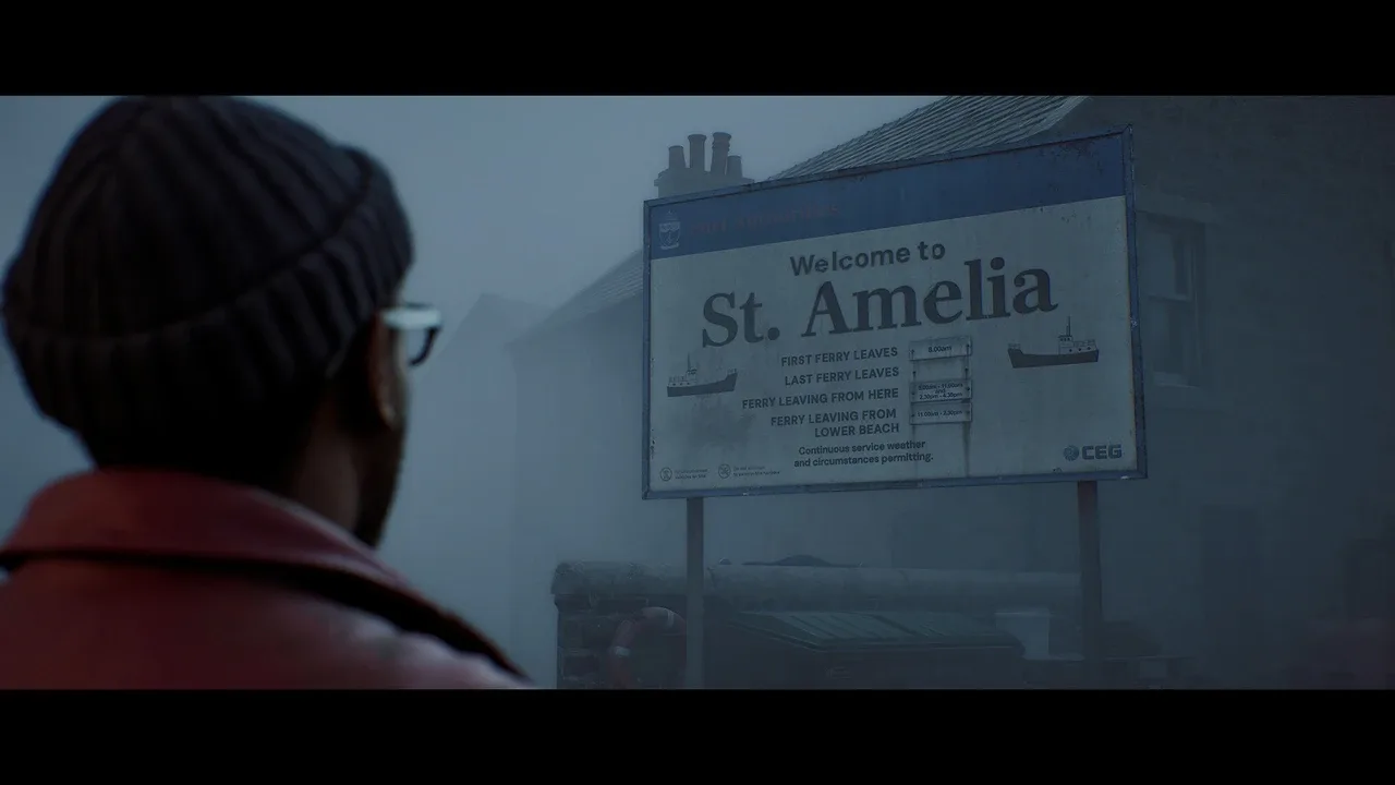 A character in a red jacket faces a welcome sign for St. Amelia on a foggy street in Silent Hill: Townfall.