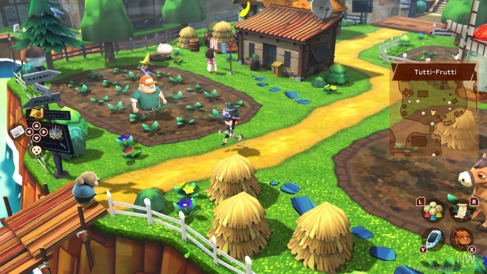 Snack World: Reloaded gameplay shows the player exploring the colorful Tutti-Frutti village.