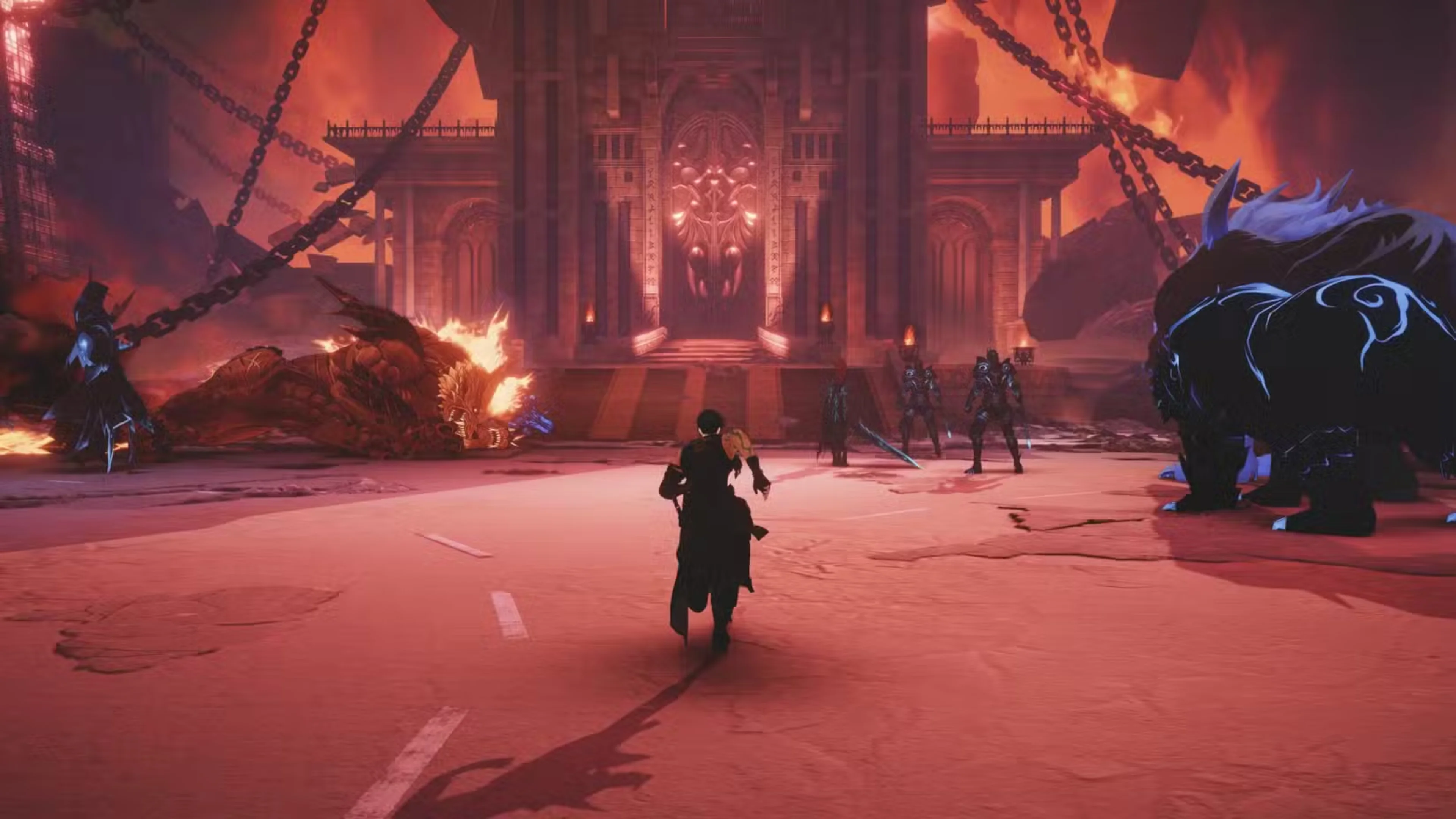A character runs toward armored enemies and large monsters outside a fortress surrounded by flames in Solo Leveling: ARISE OVERDRIVE.