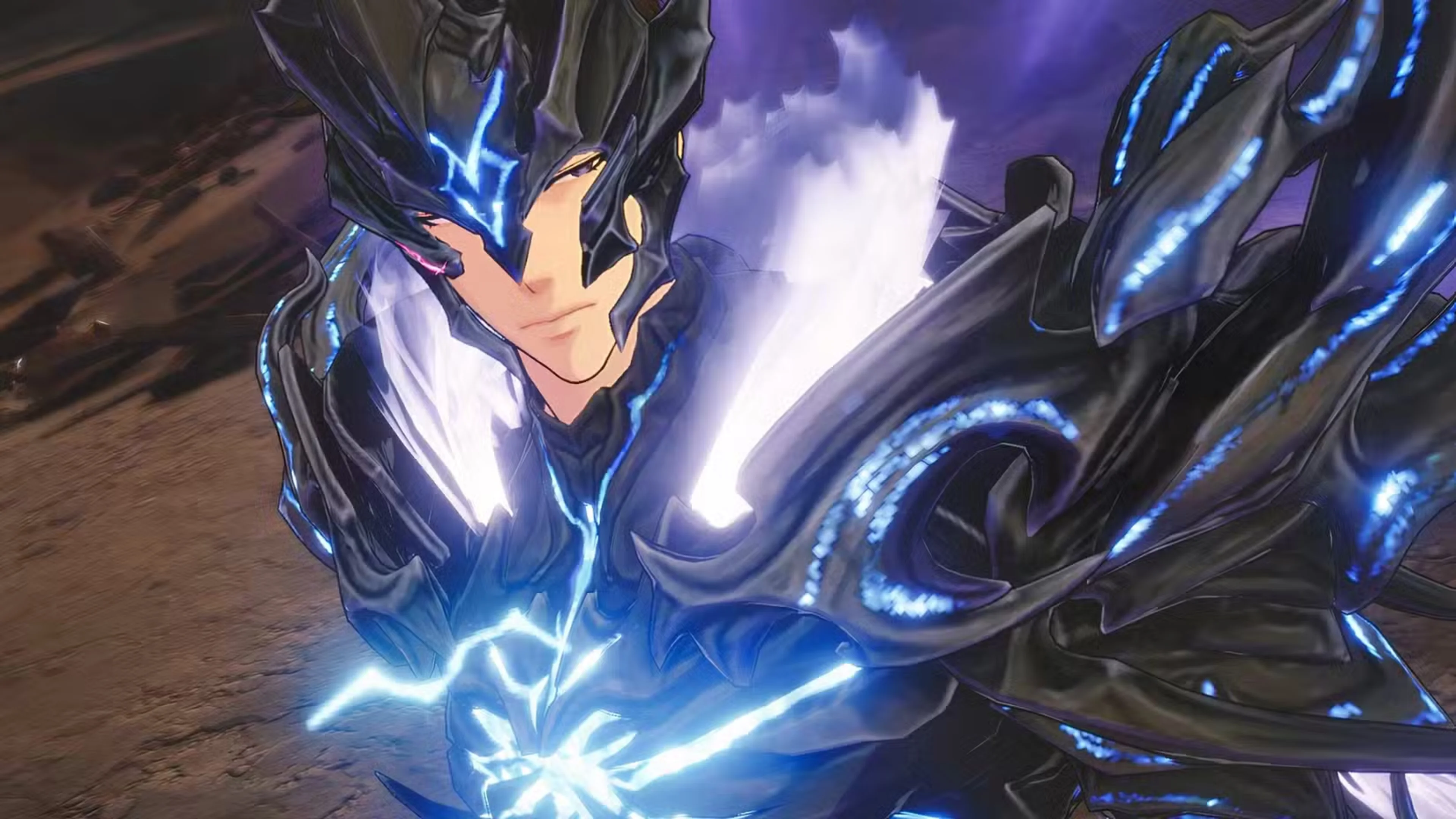 A fighter wearing dark armor with glowing blue markings and a horned helmet appears in a close-up from Solo Leveling: ARISE OVERDRIVE.