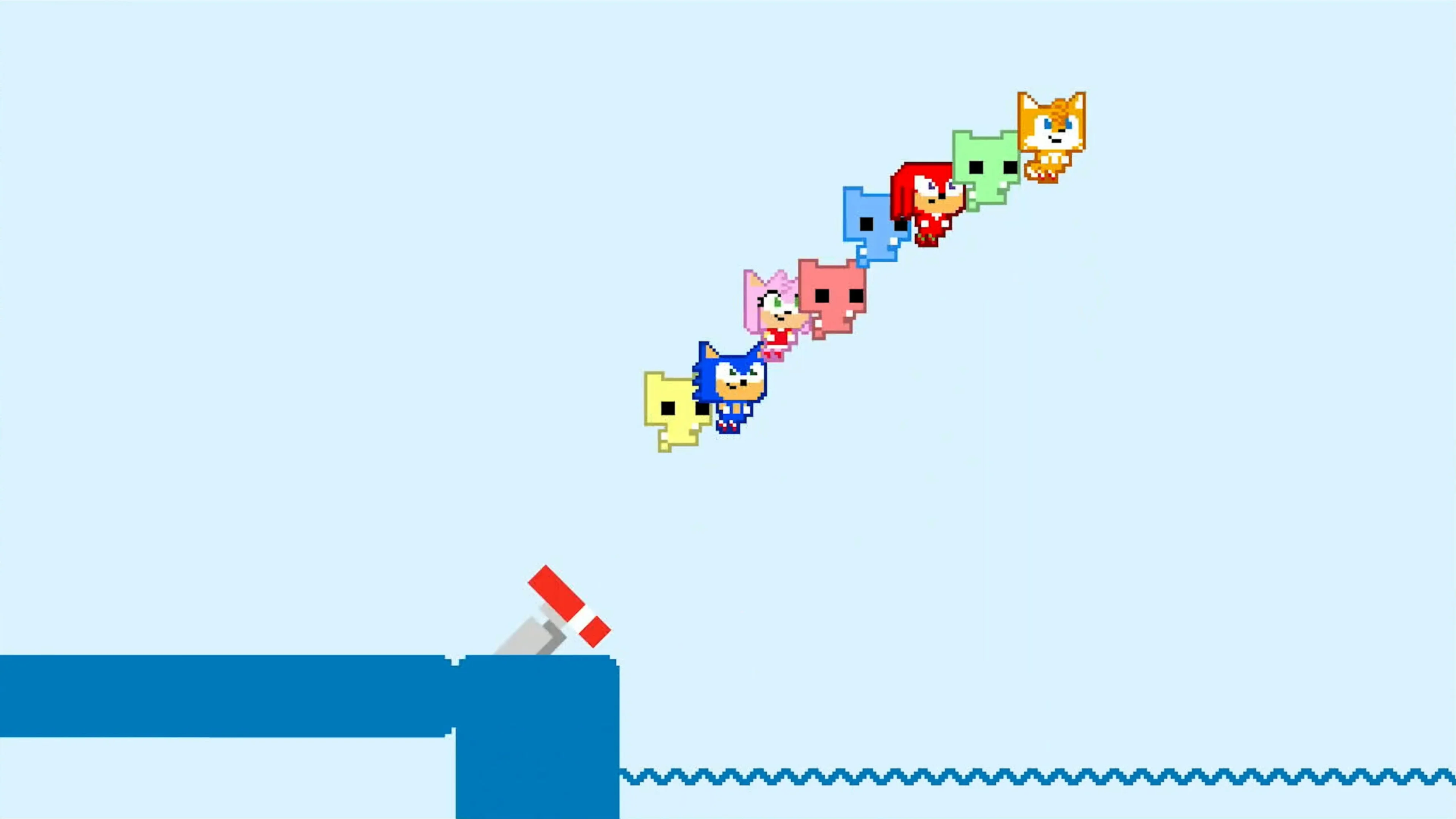 Sonic stands on a blue platform while Tails, Amy, Knuckles and colorful PICO CAT characters form a vertical stack below him.