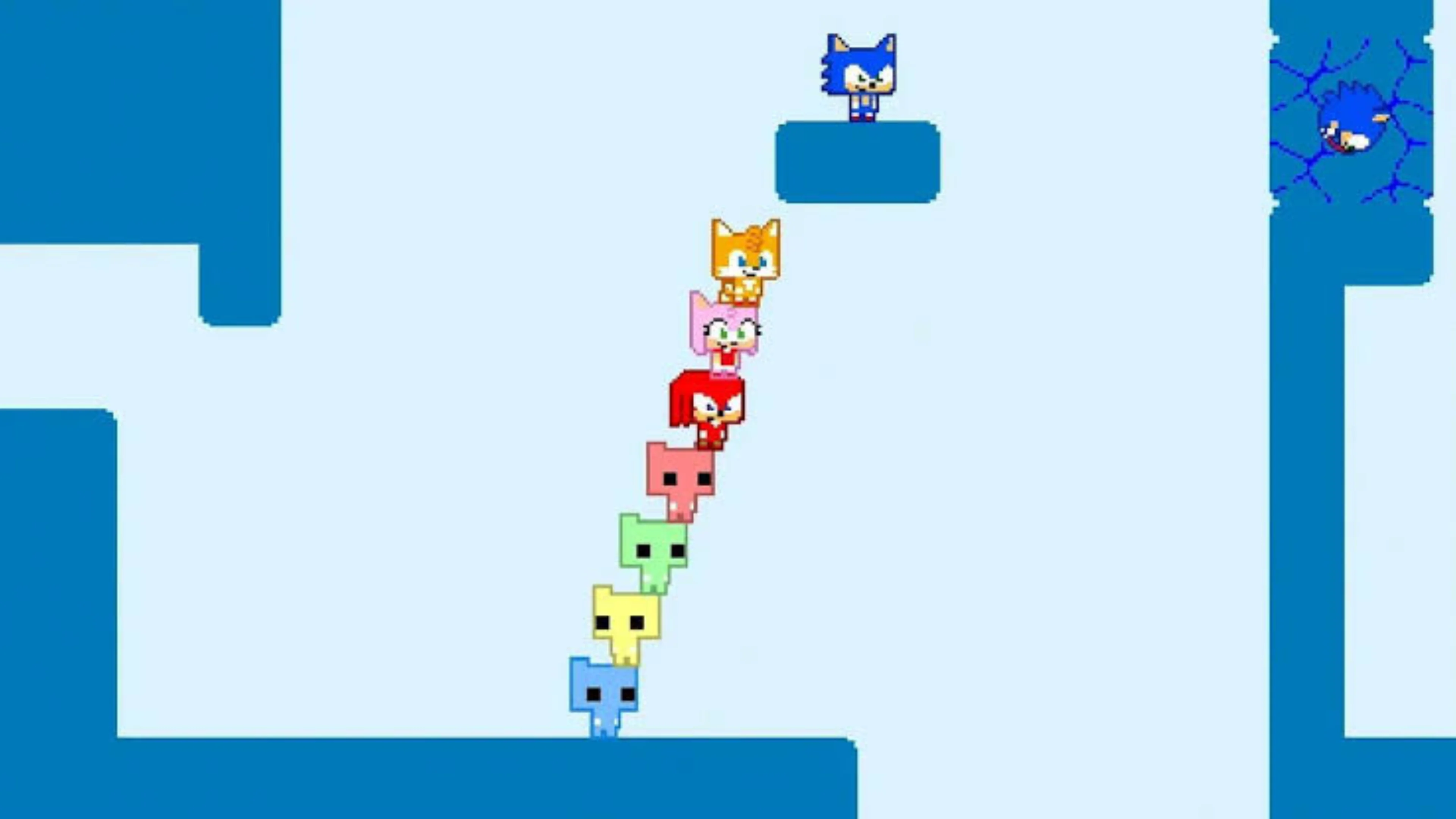 Sonic, Tails, Knuckles, Amy and colorful PICO CAT characters jump together over water toward a platform with a red spring.
