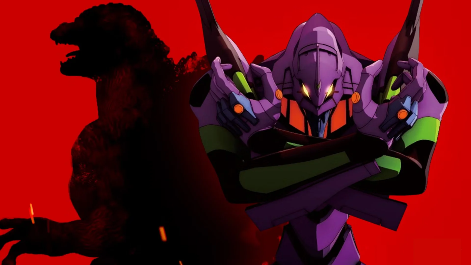Godzilla's dark silhouette stands beside purple Evangelion Unit-01 against a vivid red background.