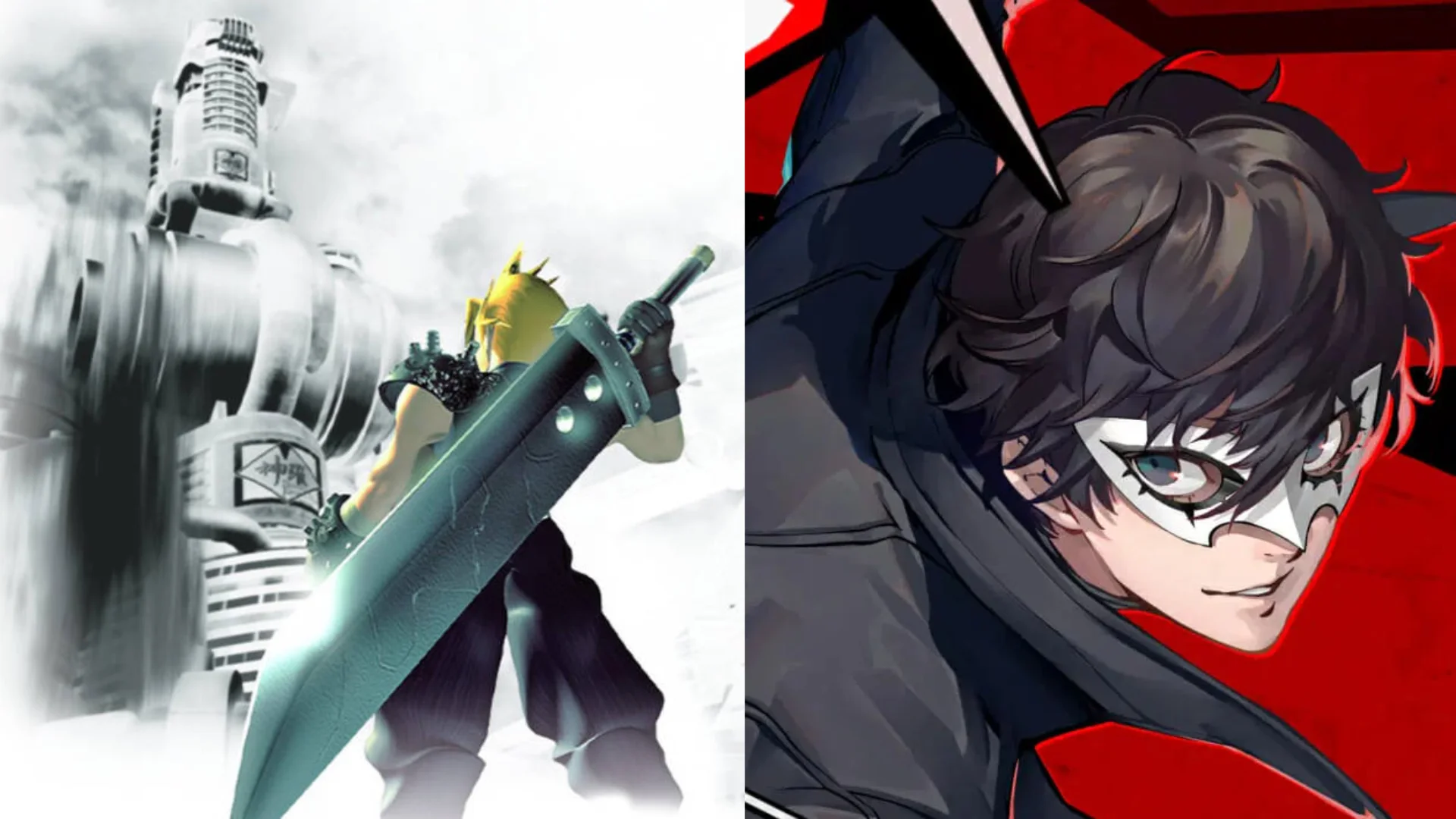 Cloud Strife with his Buster Sword stands before a grayscale city beside Persona 5's Joker against a red background.