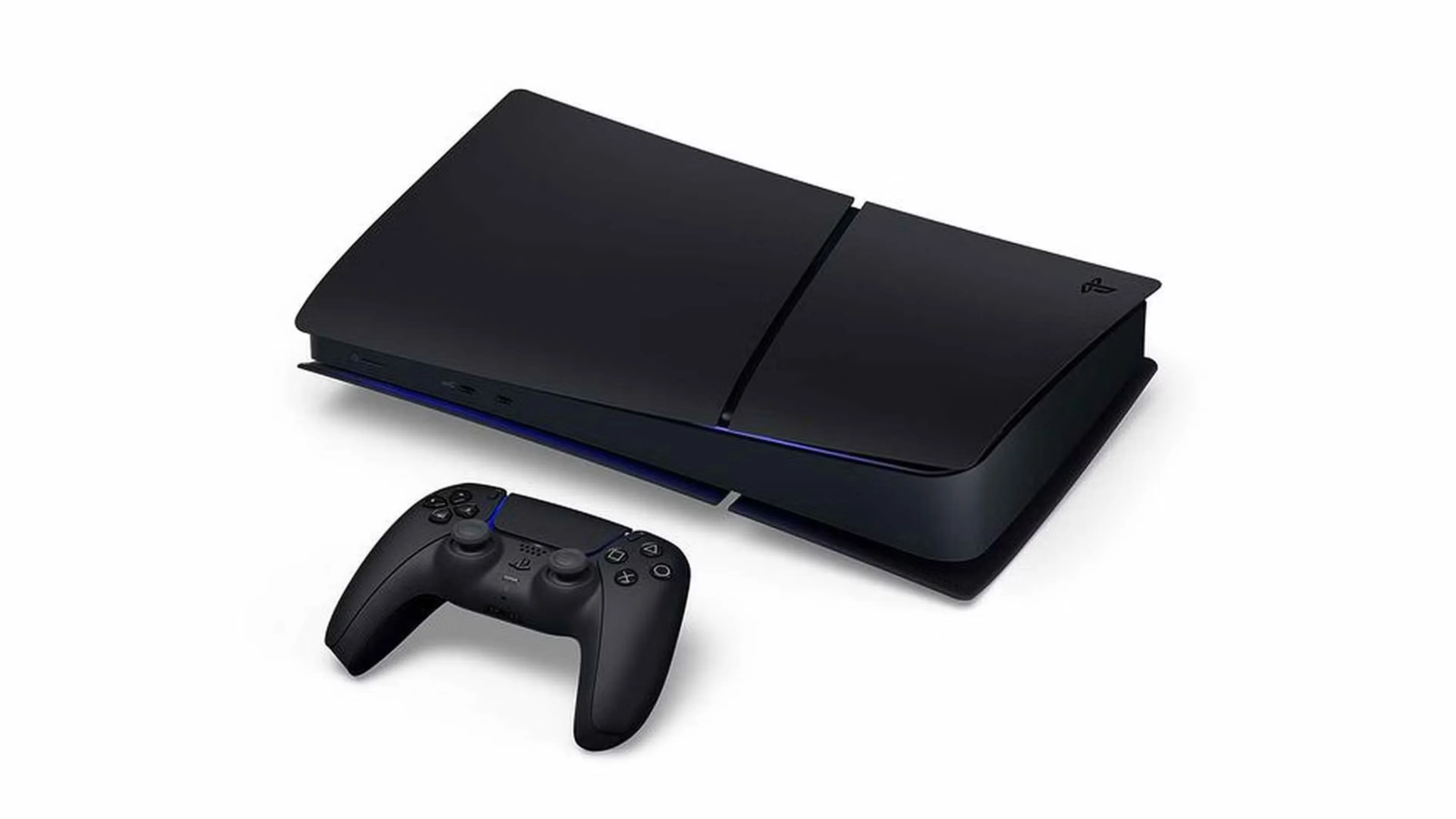 Black PlayStation-style console with a matching black DualSense controller displayed on a plain white background.