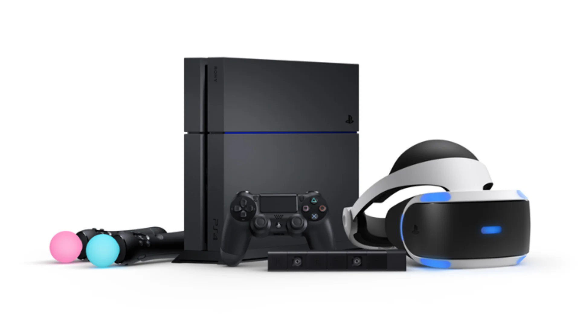 A PlayStation 4 console, DualShock 4 controller, PlayStation VR headset, camera and Move controllers on a white background.