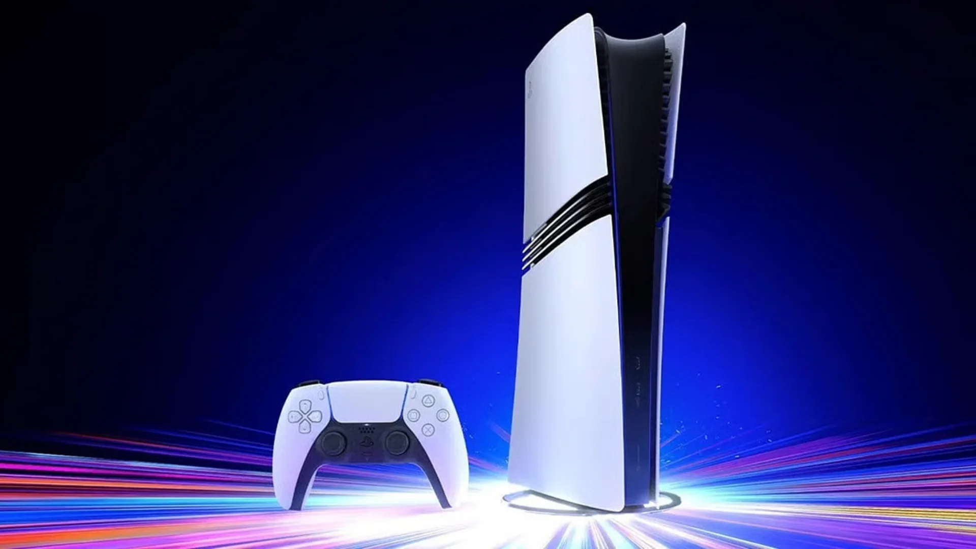 PS5 Pro console stands beside a DualSense controller against a blue and purple light-streak background.