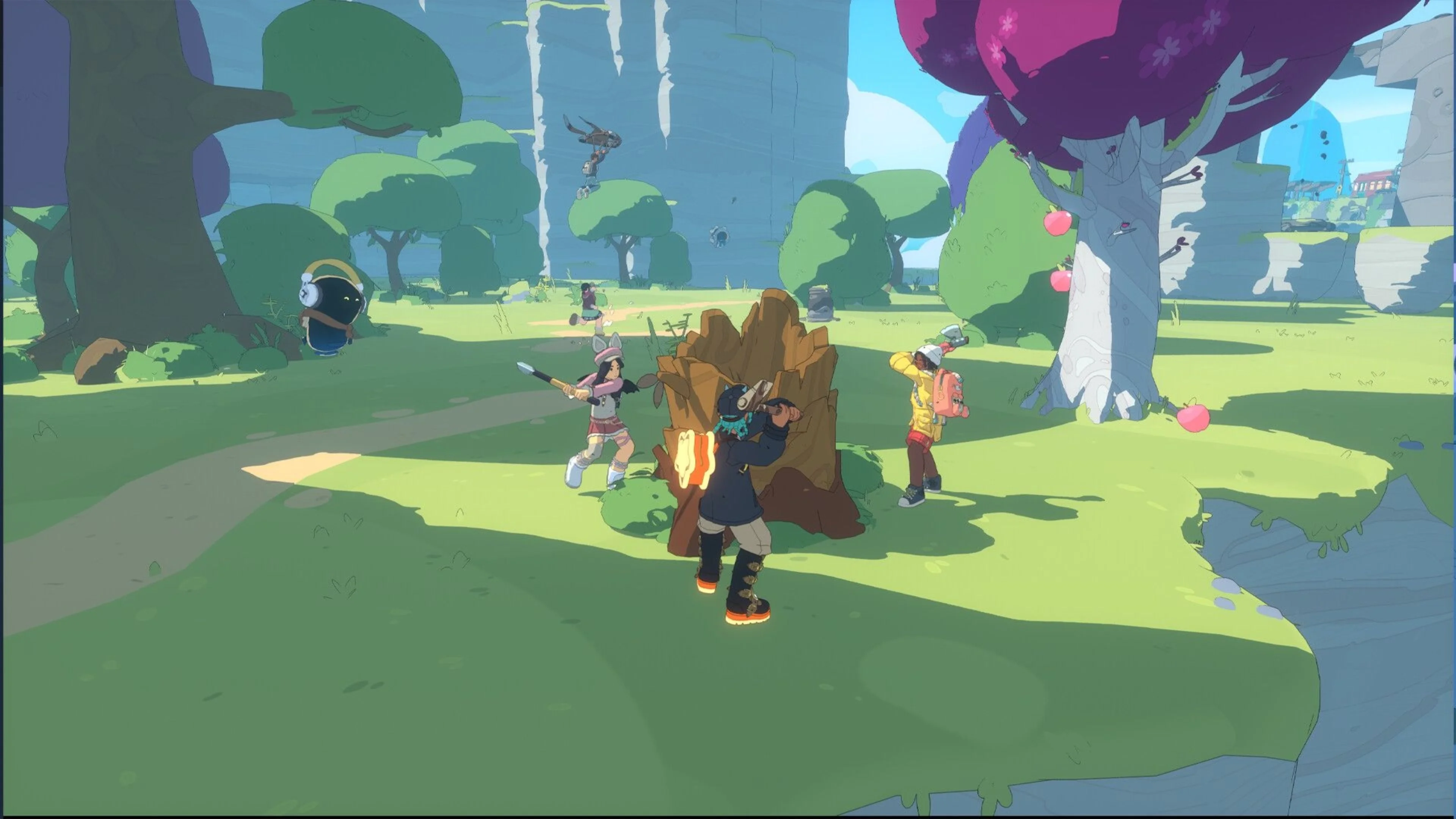 Spirit Crossing characters and floating robot companions gather around a glowing campfire in a colorful forest with purple trees.
