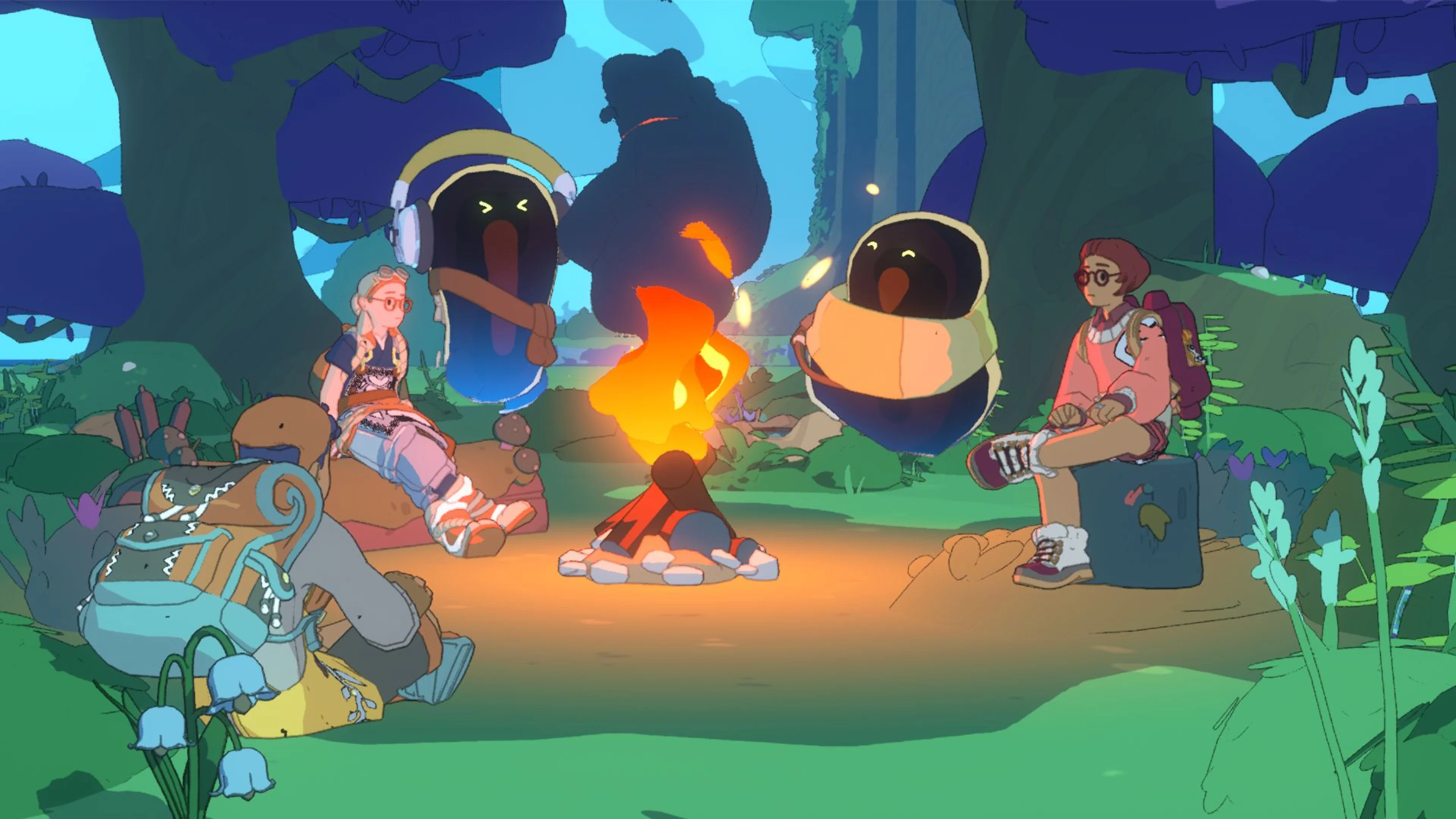 Three Spirit Crossing characters gather wood around a large tree stump in a colorful forest with fruit trees and floating robot companions.