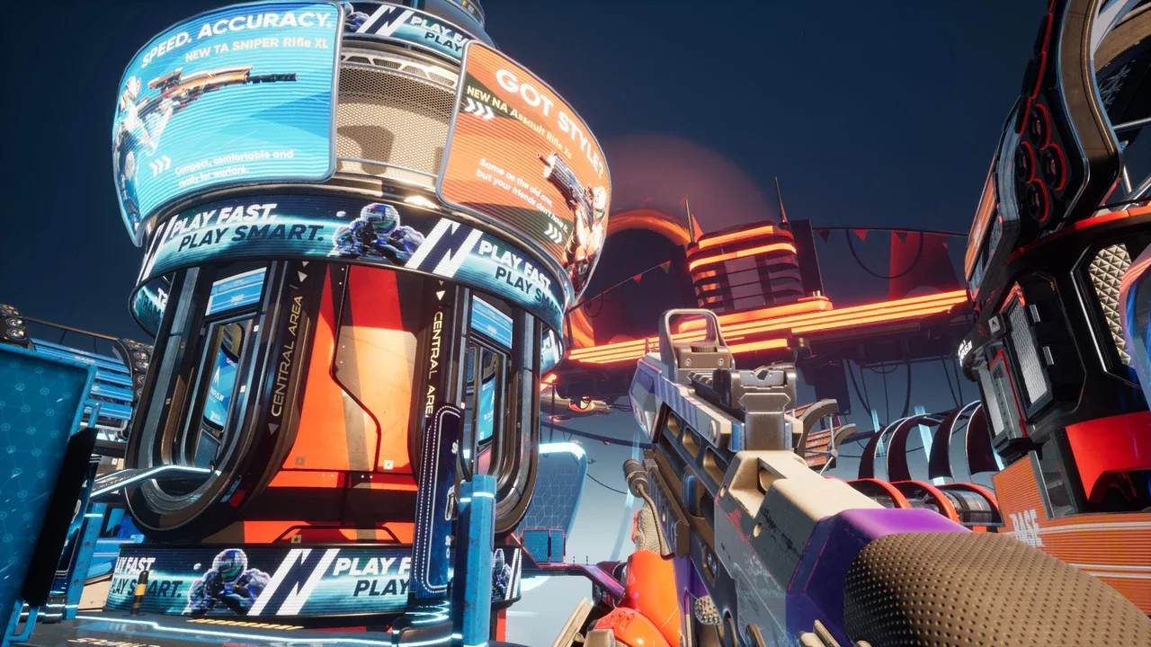 A first-person view of a rifle inside a neon-lit futuristic arena in Splitgate.