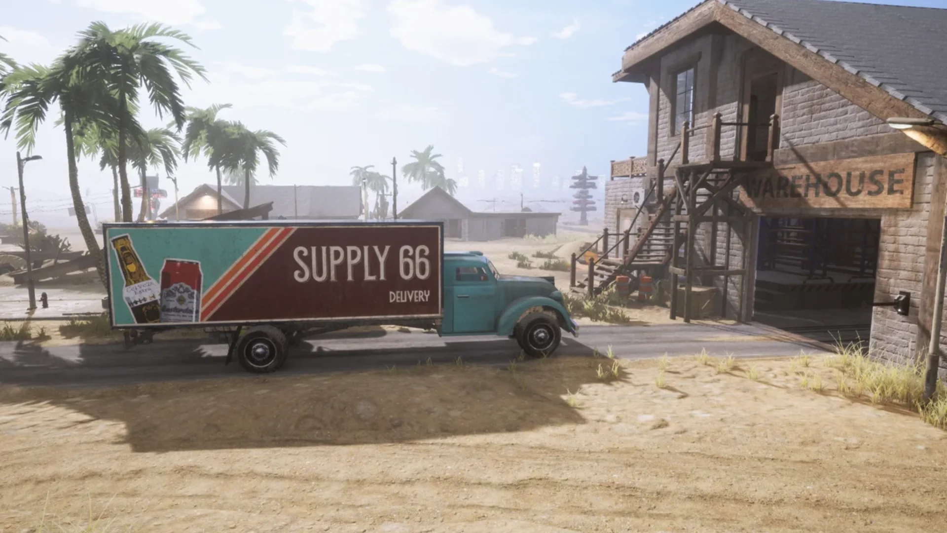 Supply 66 delivery truck parked beside a warehouse in the desert setting of Gas Station Simulator.