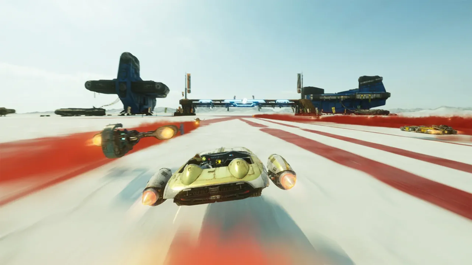 Star Wars: Galactic Racer gameplay shows a futuristic racing craft boosting across a brightly lit course with red track markings, another racer and large structures ahead.