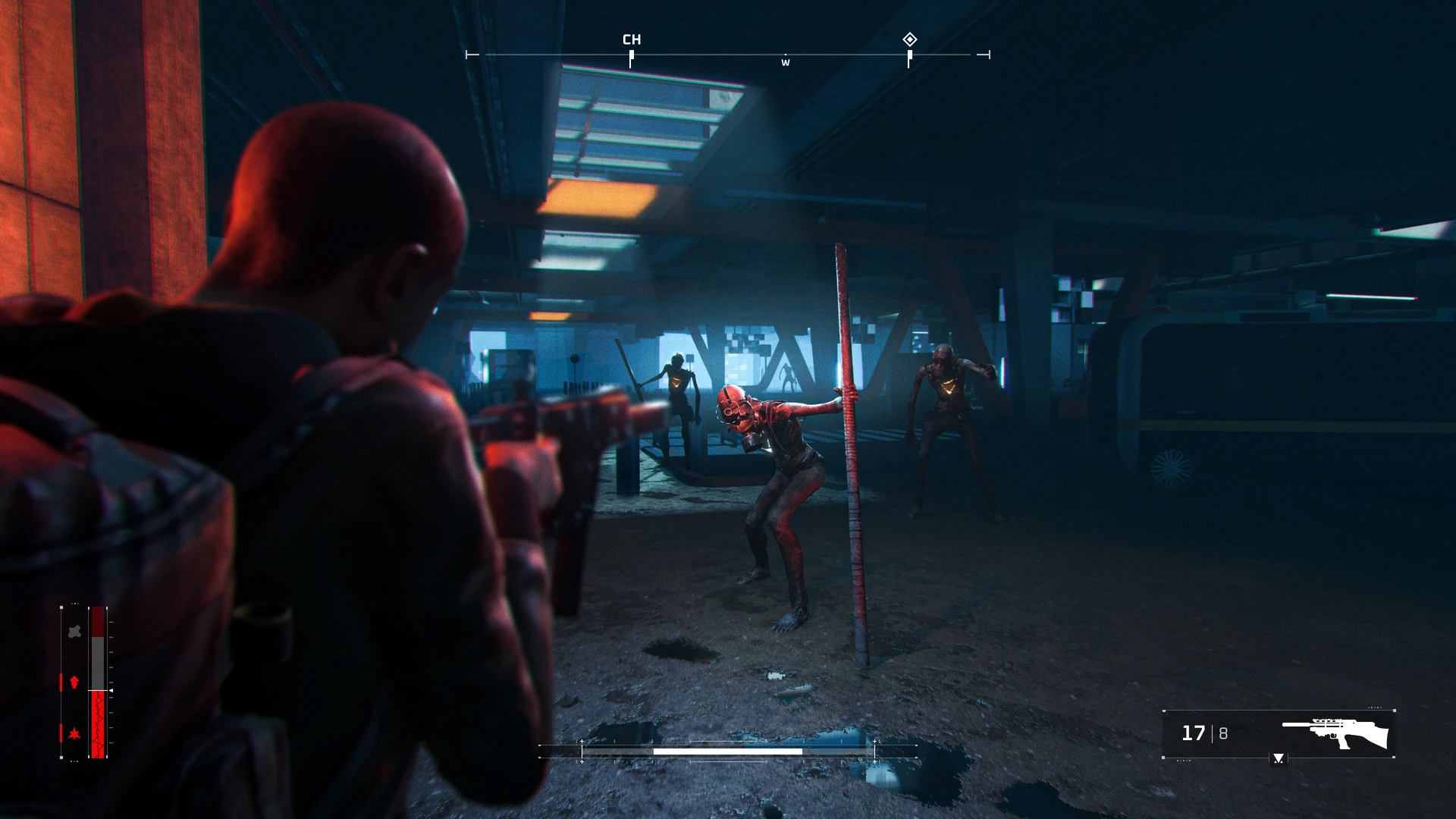 Third-person shooter character aiming at hostile enemies in a dark futuristic interior