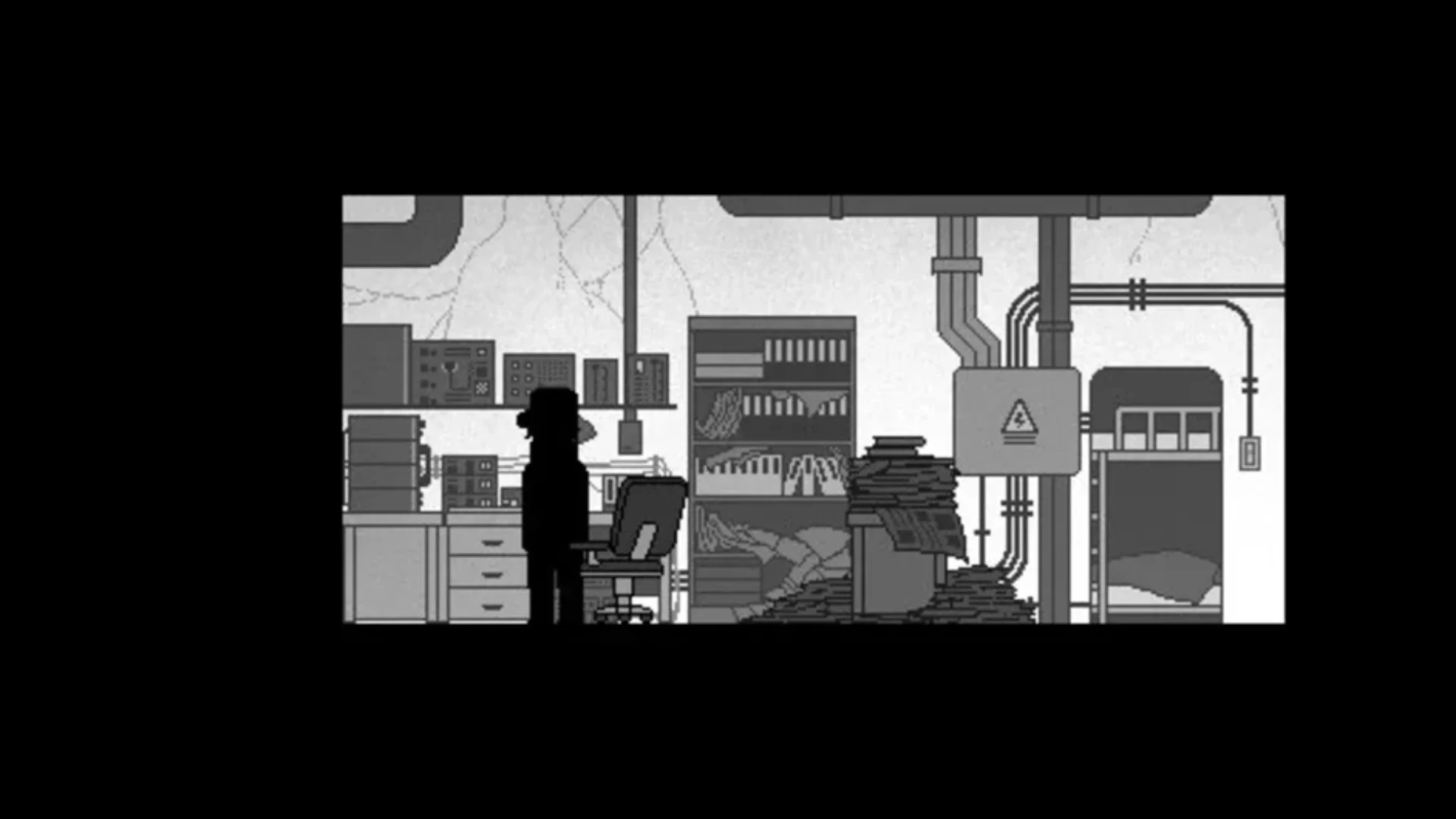 Black-and-white pixel-art character standing inside a cluttered industrial office