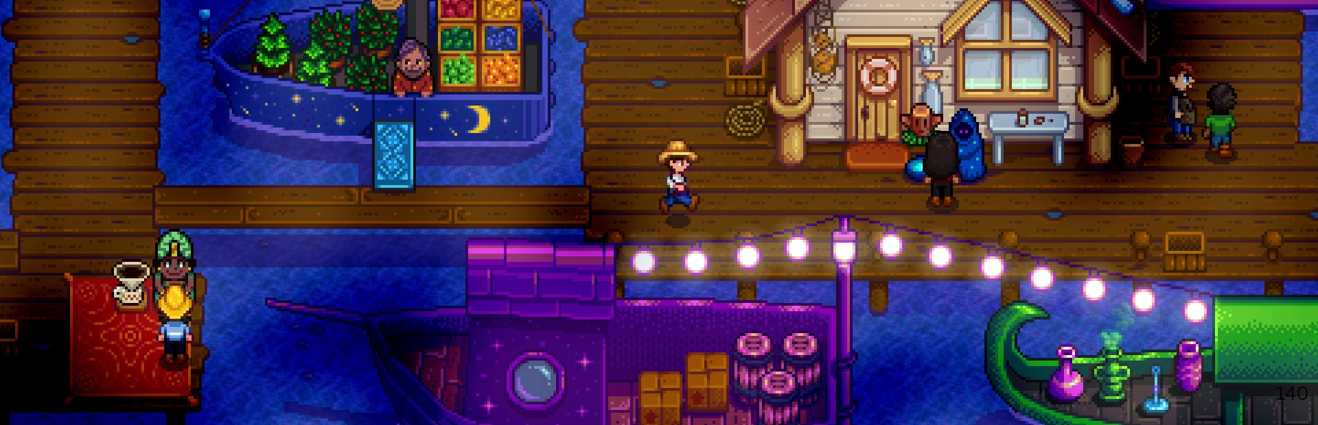Stardew Valley player walking through the Night Market among boats, vendors and festival lights