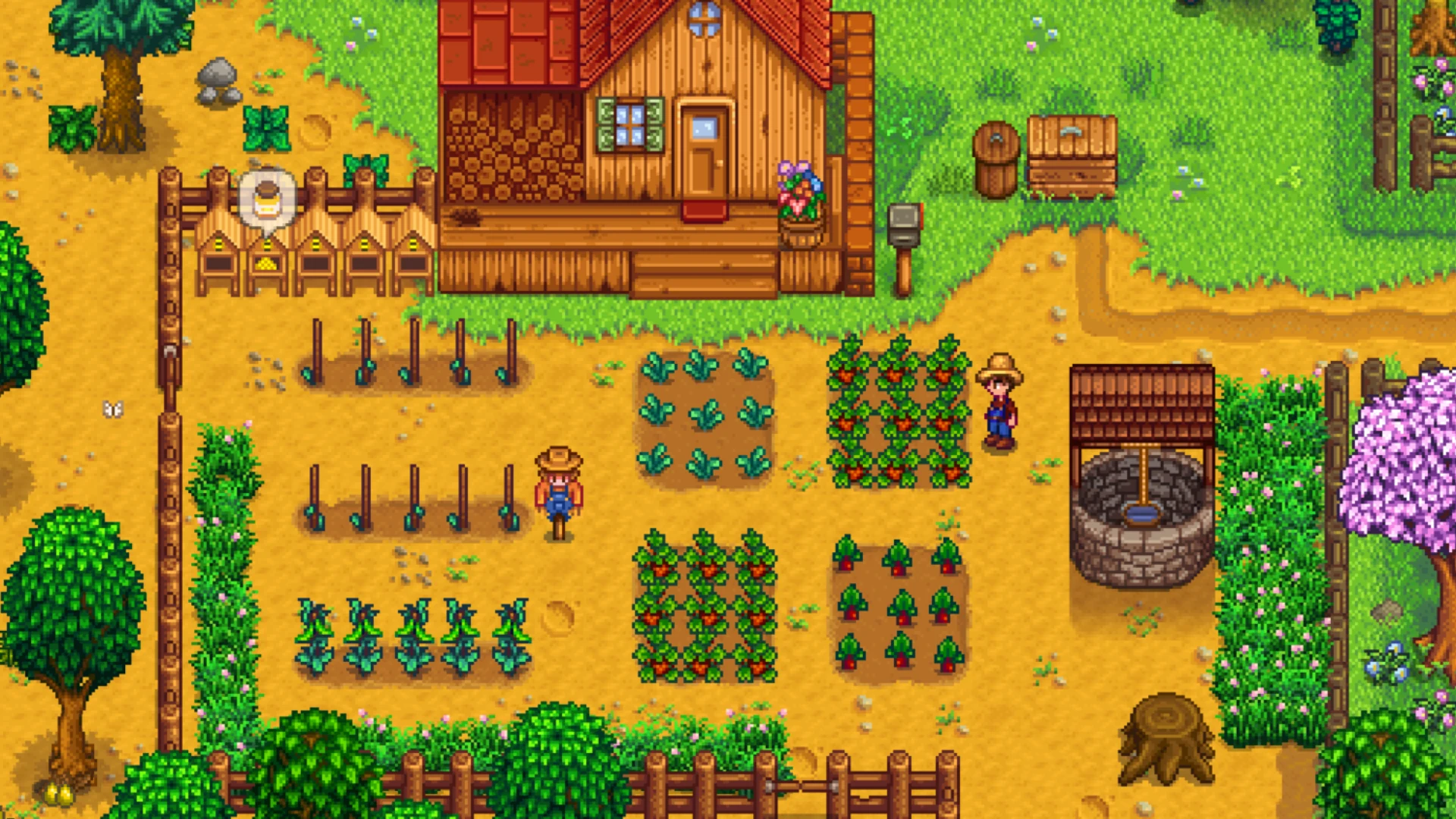 A Stardew Valley farm with crops, beehives, a farmhouse, two farmers and a stone well in spring.